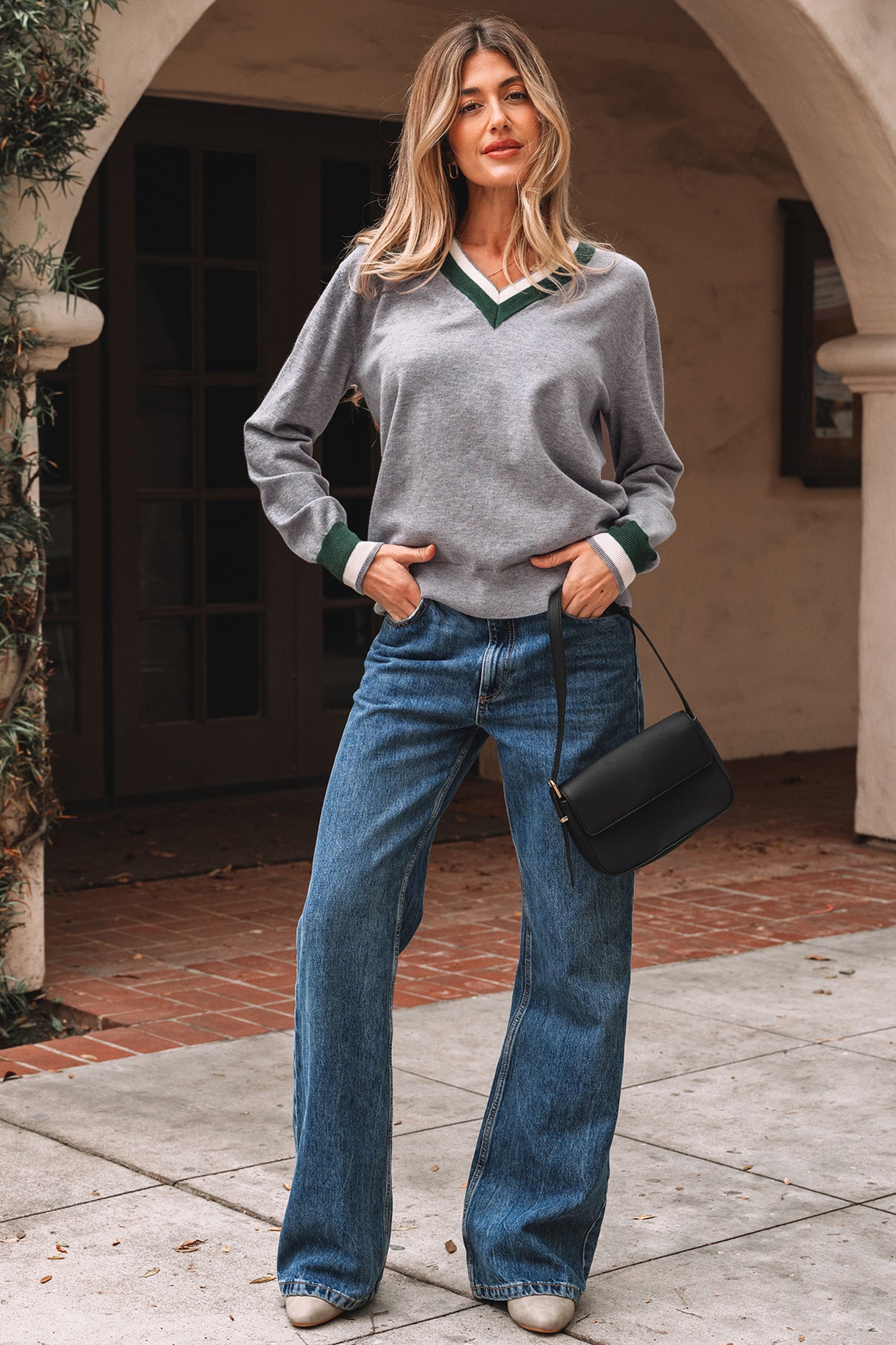 Gray Contrast Striped Trim V Neck Varsity Sweater-Sweaters & Cardigans/Sweaters-[Adult]-[Female]-2022 Online Blue Zone Planet