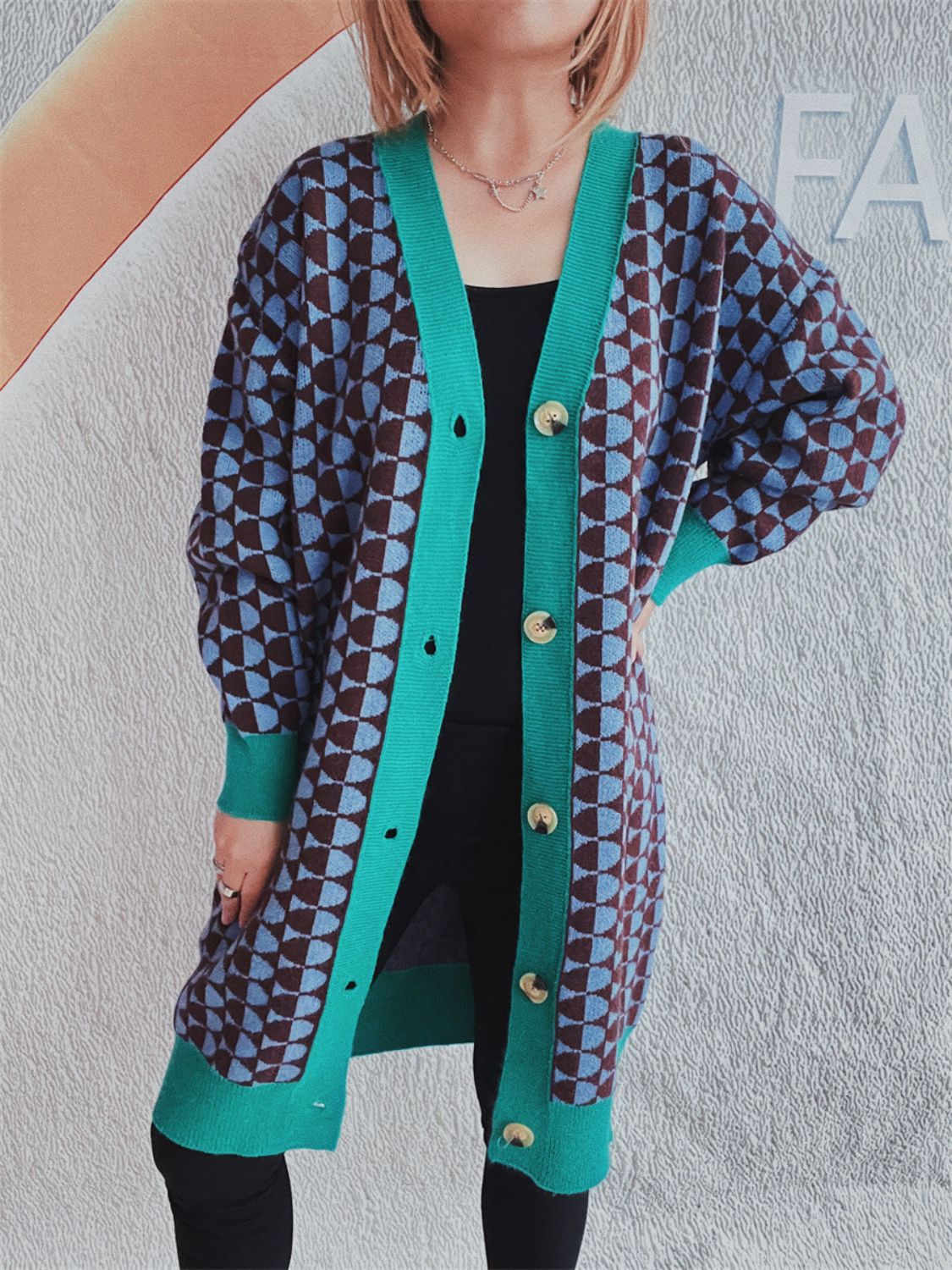 Contrast Trim Geometric Button Down Cardigan-TOPS / DRESSES-[Adult]-[Female]-2022 Online Blue Zone Planet