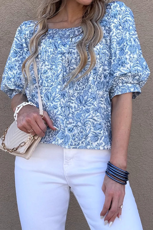 Sky Blue Square Neck Short Puff Sleeve Pleated Floral Blouse