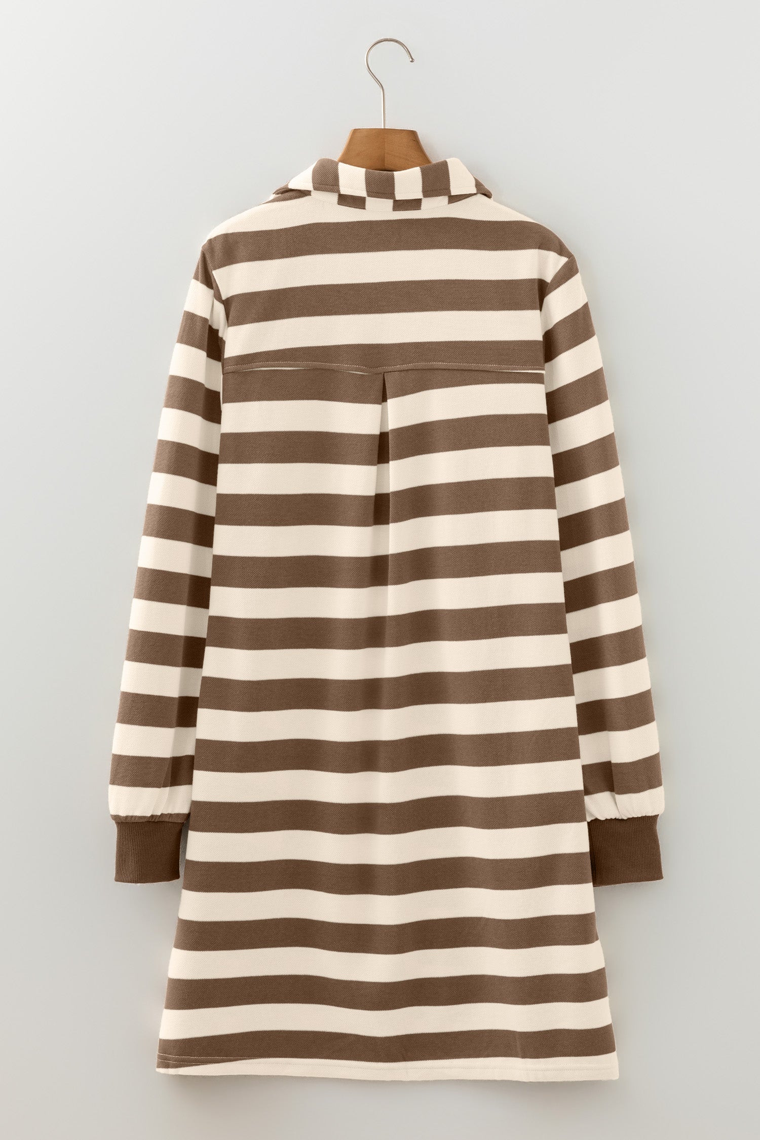 Khaki Stripe Collared V Neck Long Sleeve Loose Casual Dress-TOPS / DRESSES-[Adult]-[Female]-2022 Online Blue Zone Planet