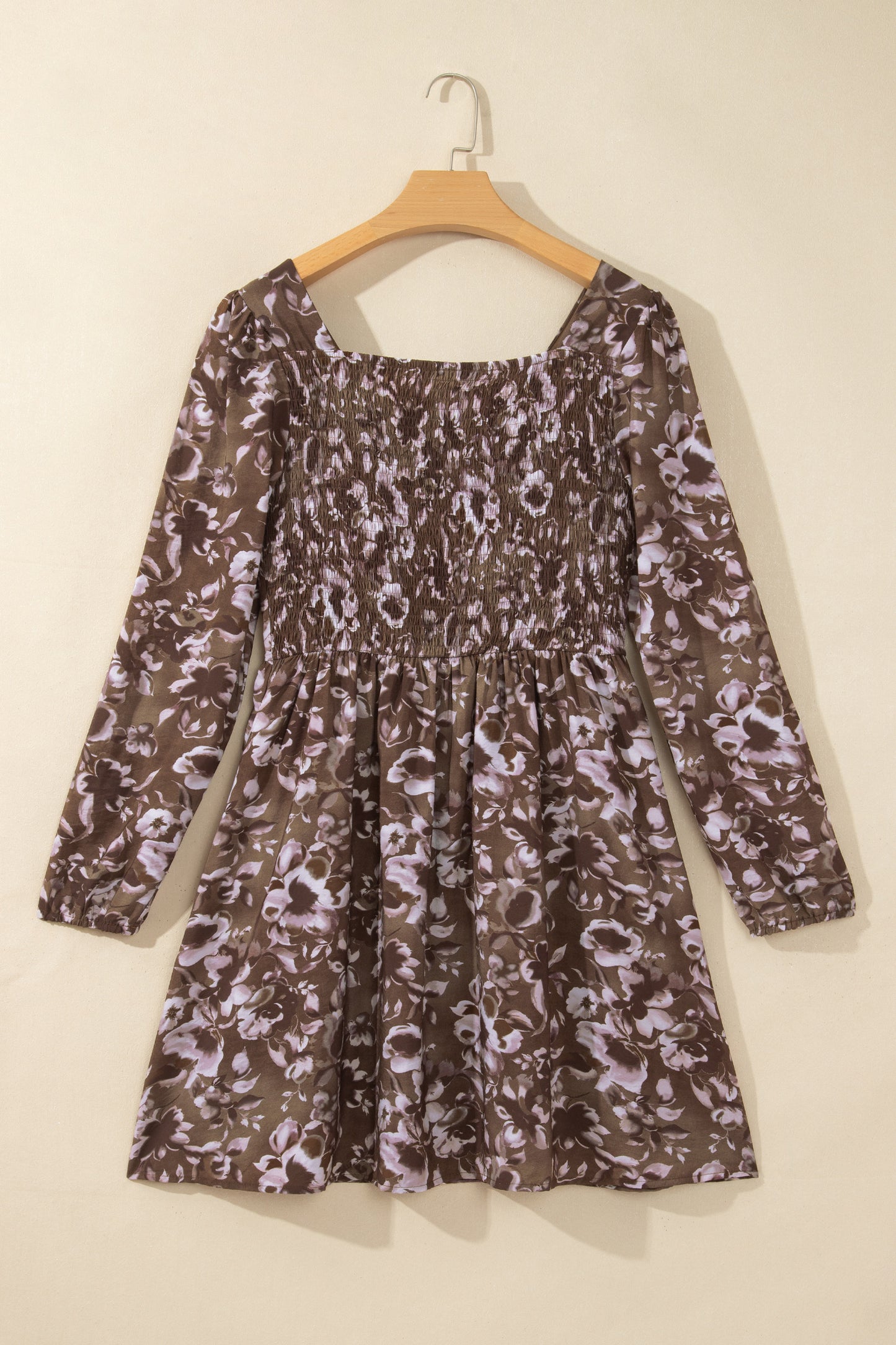 Brown Abstract Floral Print Square Neck Long Sleeve Mini Shift Dress-TOPS / DRESSES-[Adult]-[Female]-2022 Online Blue Zone Planet