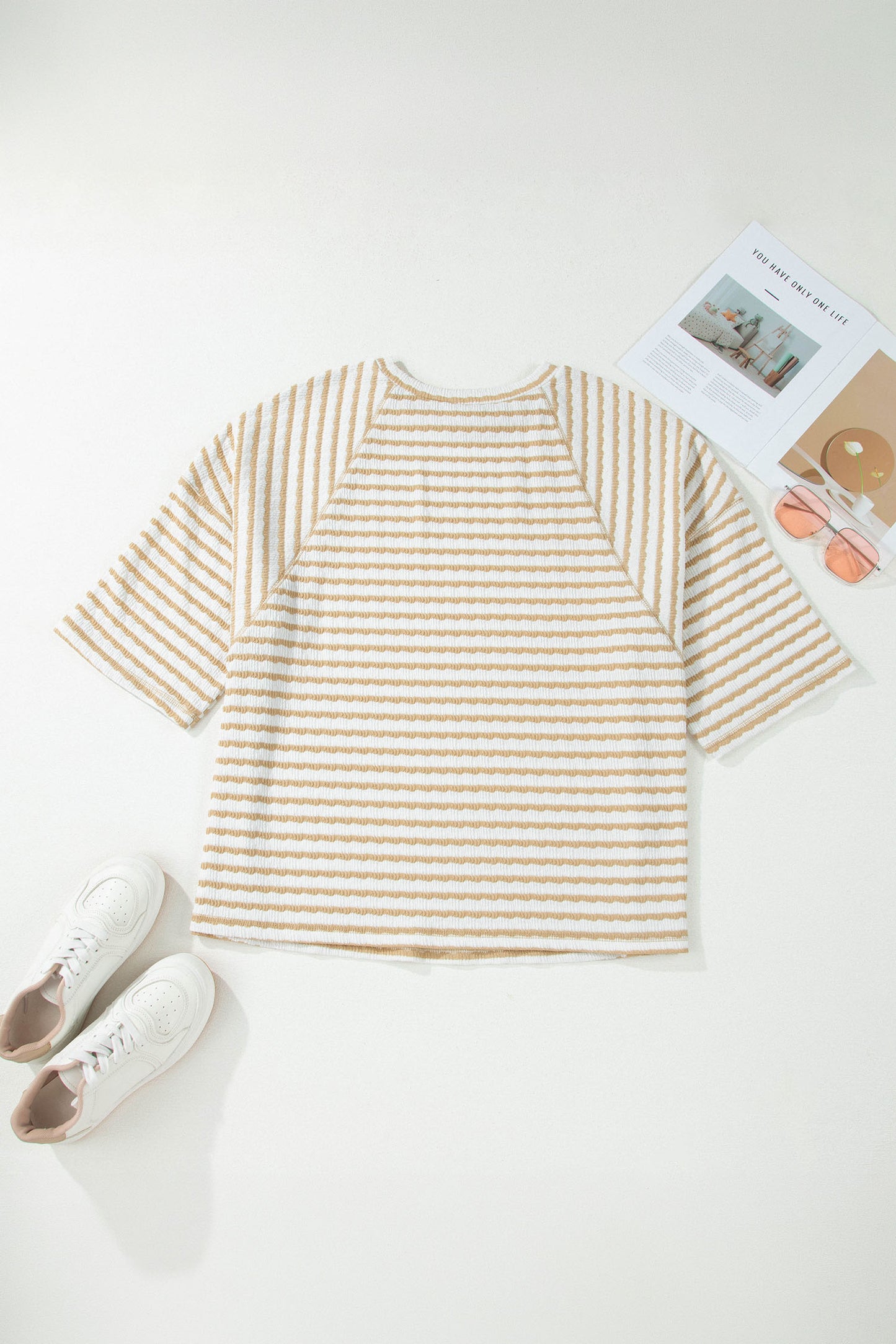 Apricot Stripe Plus Size Textured Patchwork Detail Half Sleeve Top-Plus Size/Plus Size Tops/Plus Size Tops & Tees-[Adult]-[Female]-2022 Online Blue Zone Planet