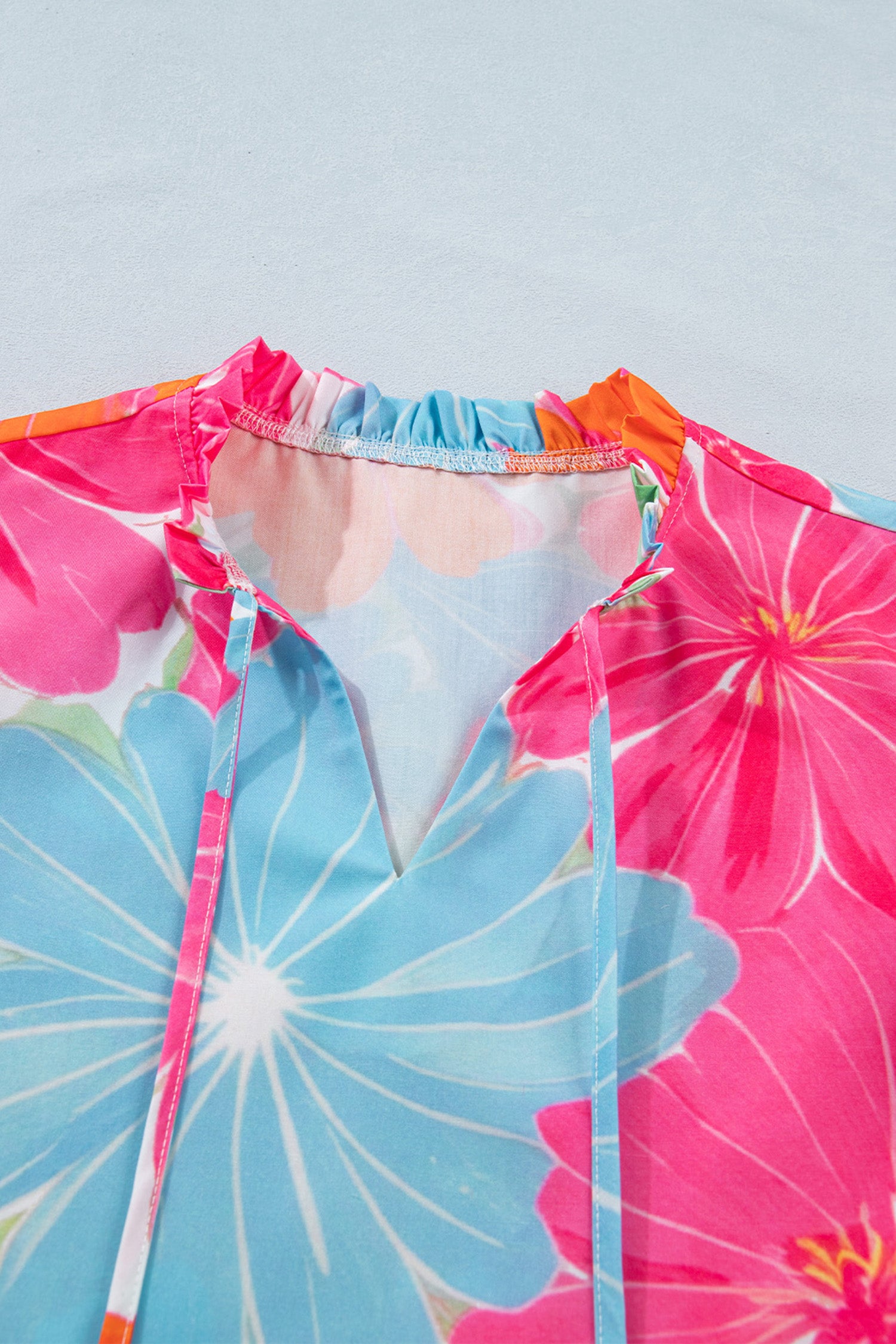 Multicolour Vibrant Flower Printed Tie V Neck Ruffle Trim Sleeveless Blouse-Tops/Blouses & Shirts-[Adult]-[Female]-2022 Online Blue Zone Planet