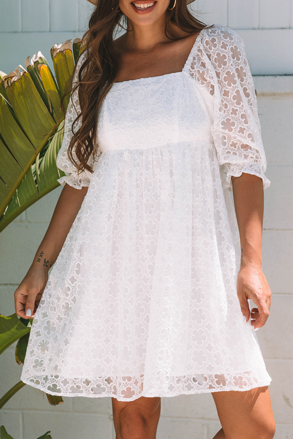White Floral Lace Puff Sleeve Empire Waist Mini Dress-TOPS / DRESSES-[Adult]-[Female]-2022 Online Blue Zone Planet