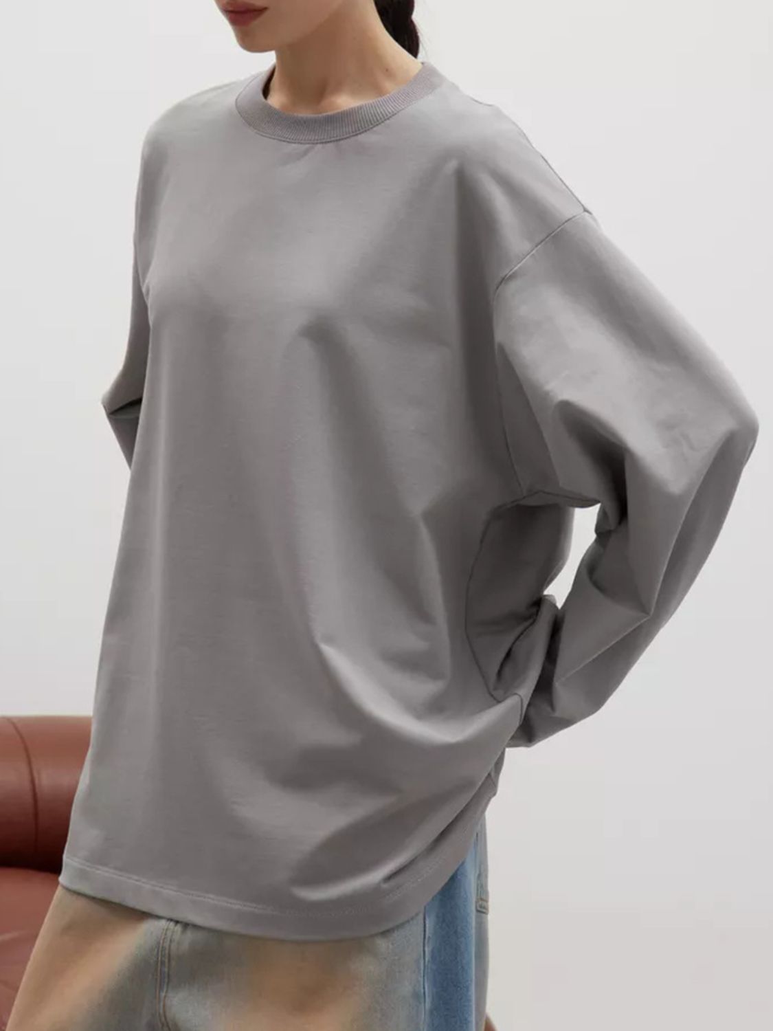 Round Neck Dropped Shoulder Long Sleeve T-Shirt-TOPS / DRESSES-[Adult]-[Female]-Light Gray-S-2022 Online Blue Zone Planet