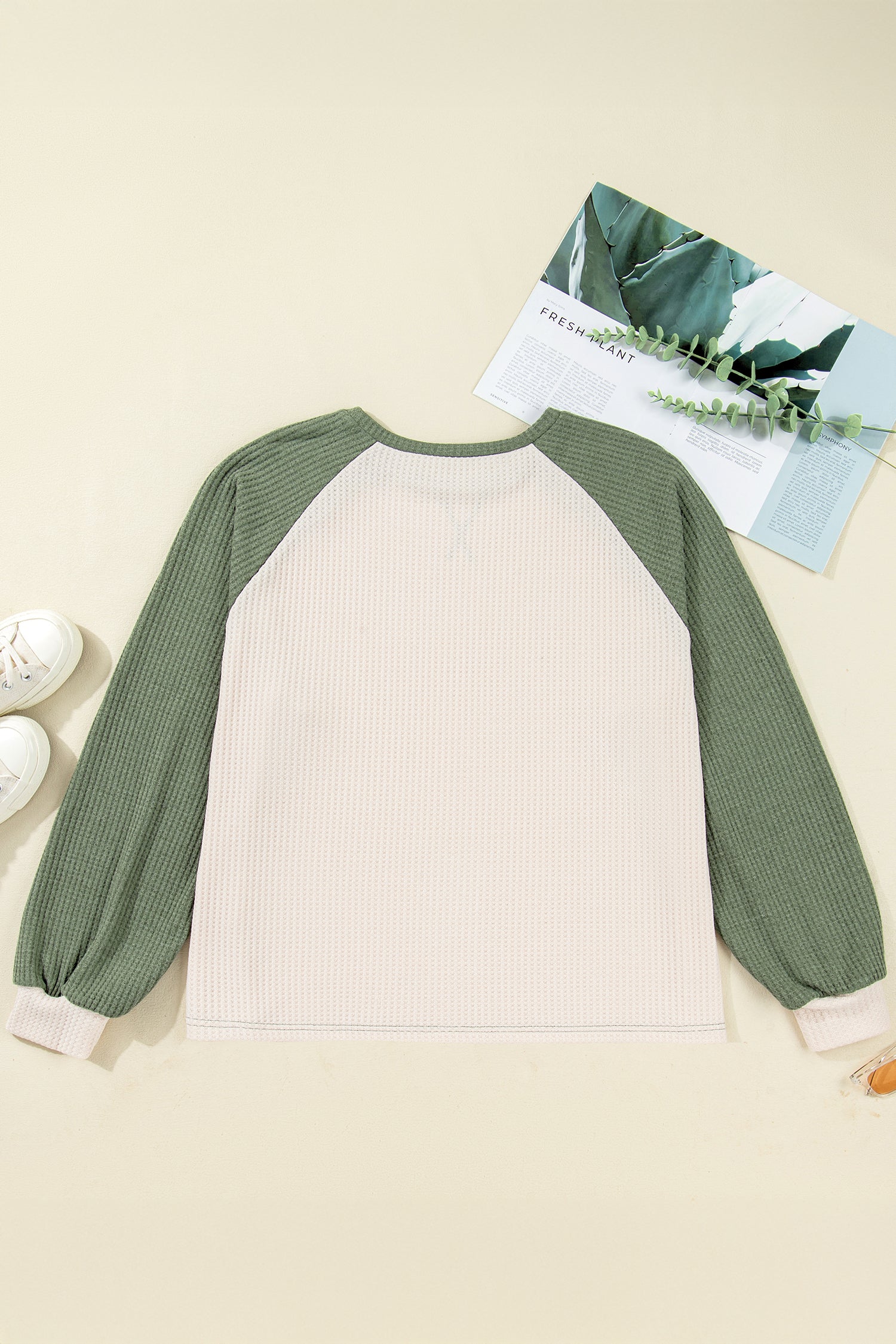 Mist Green Plus Size Waffled Color Block Long Sleeve Top-Plus Size/Plus Size Tops/Plus Size Long Sleeve Tops-[Adult]-[Female]-2022 Online Blue Zone Planet