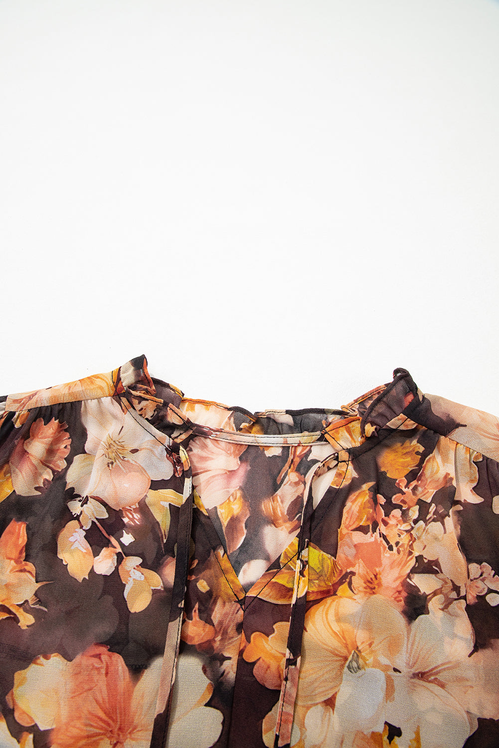Black Floral V Neck Long Puff Sleeve Breezy Blouse-Tops/Blouses & Shirts-[Adult]-[Female]-2022 Online Blue Zone Planet