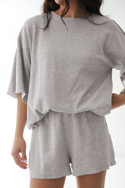 Gray Solid Color Loose Tee 2 Piece Shorts Set-Two Piece Sets/Short Sets-[Adult]-[Female]-Gray-S-2022 Online Blue Zone Planet