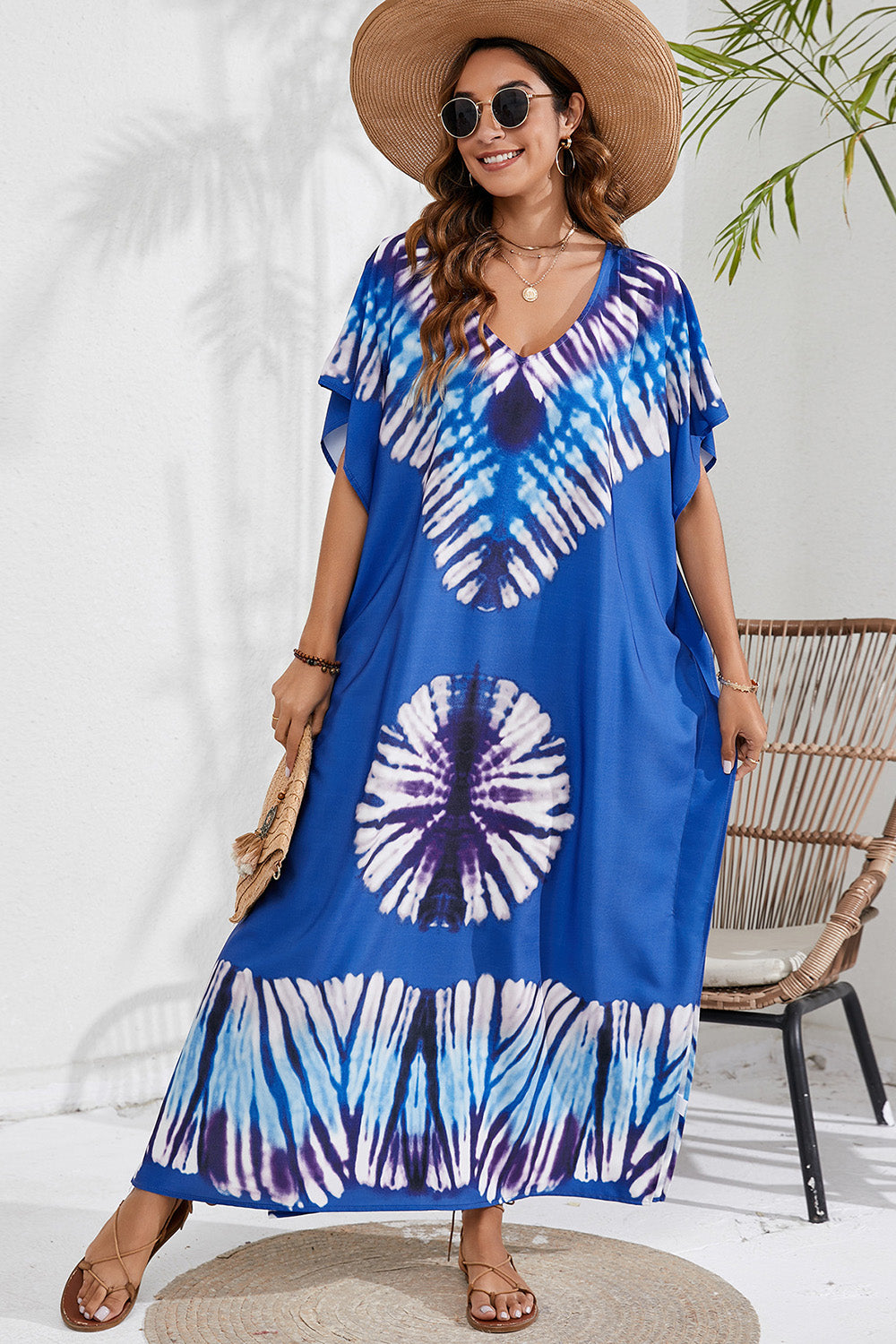 Blue Zone Planet |  Slit Printed V-Neck Short Sleeve Cover Up BLUE ZONE PLANET