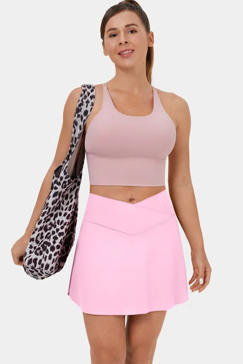 Pink Solid Pocketed Crossover High Waist Swim Skort-Swimwear/Swim Bottoms-[Adult]-[Female]-2022 Online Blue Zone Planet