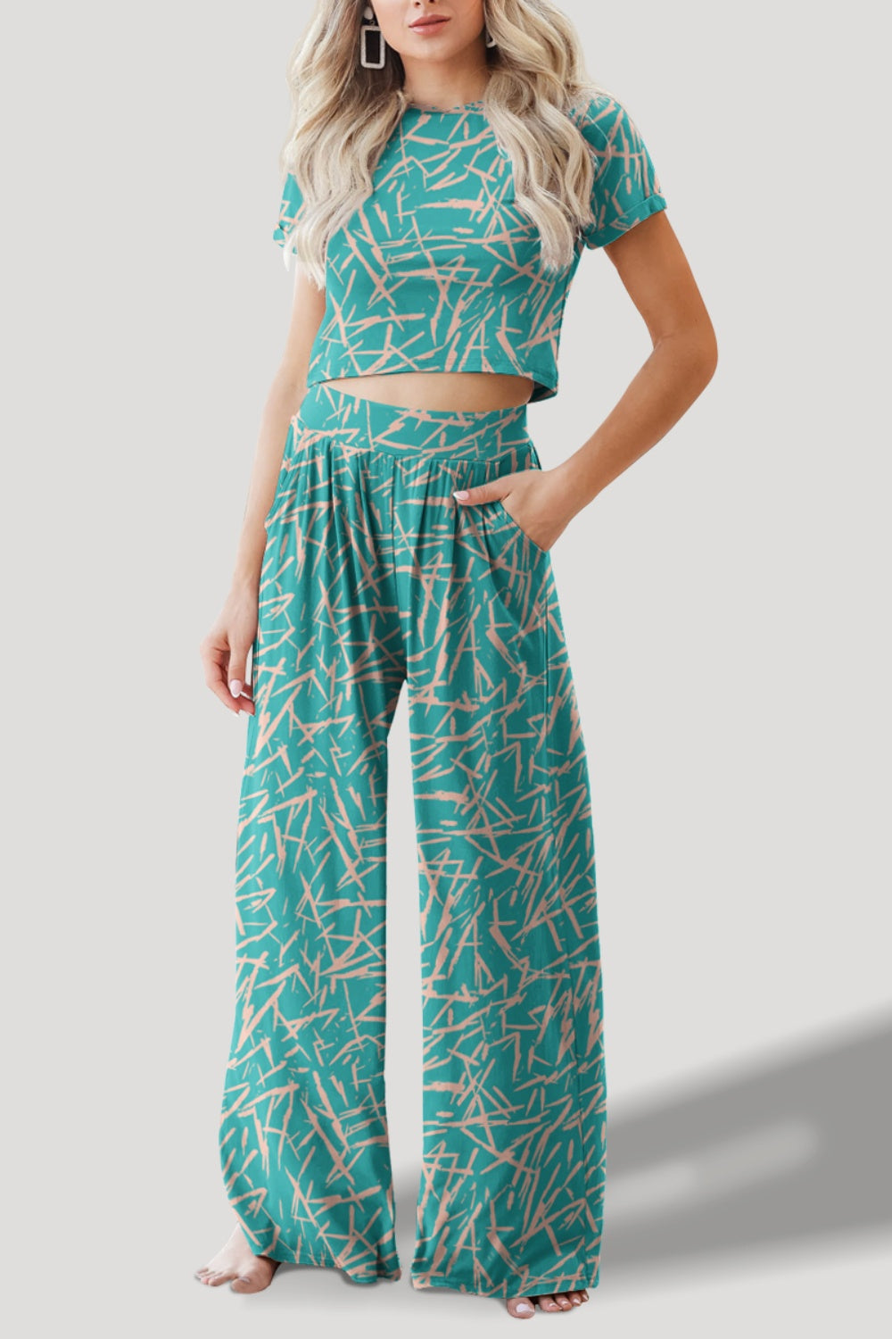 FAM-FAM Printed Round Neck Short Sleeve Top and Pants Set-TOPS / DRESSES-[Adult]-[Female]-Turquoise-S-2022 Online Blue Zone Planet