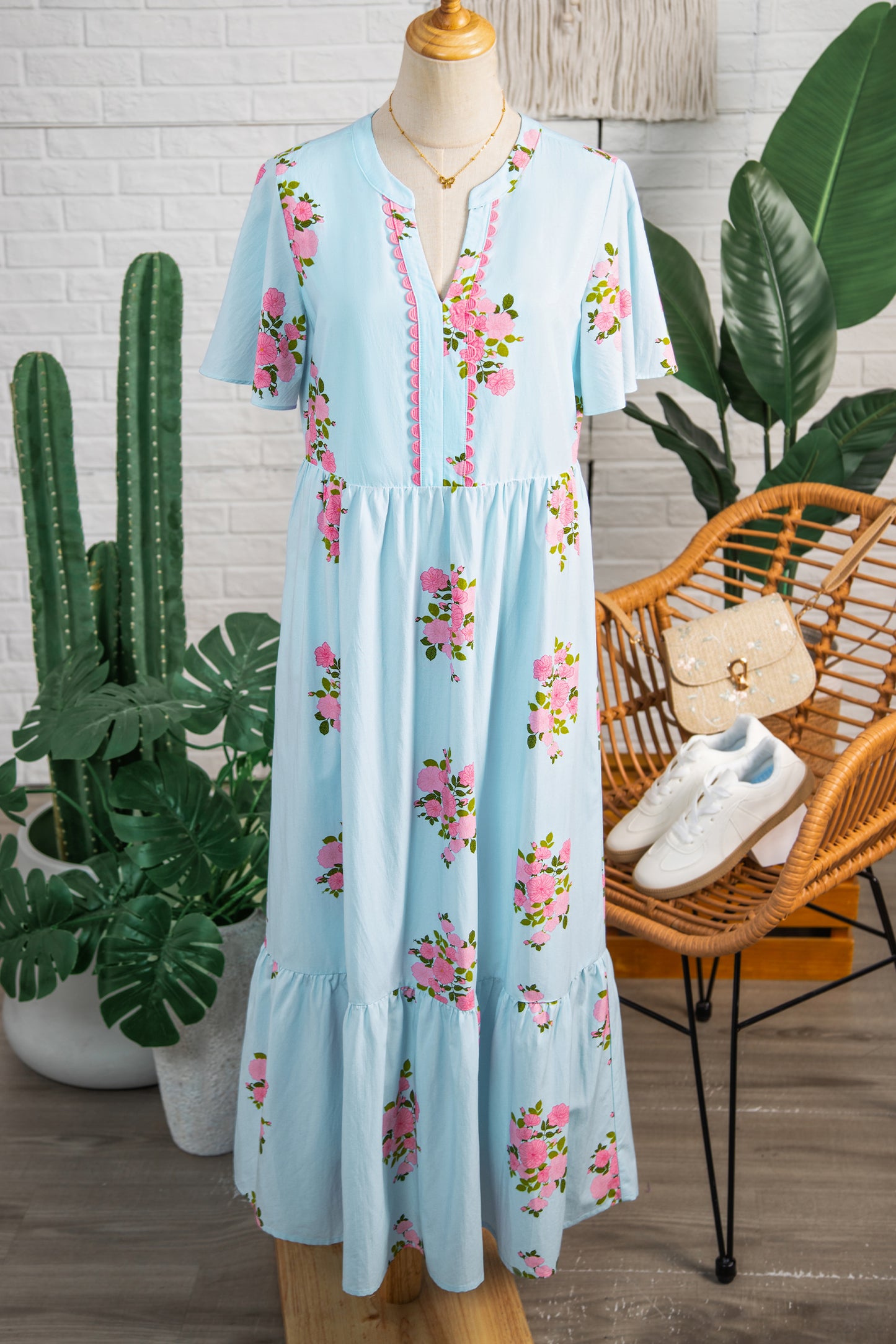 Sky Blue Notched Neck Flutter Short Sleeve Floral Print Maxi Dress-TOPS / DRESSES-[Adult]-[Female]-2022 Online Blue Zone Planet