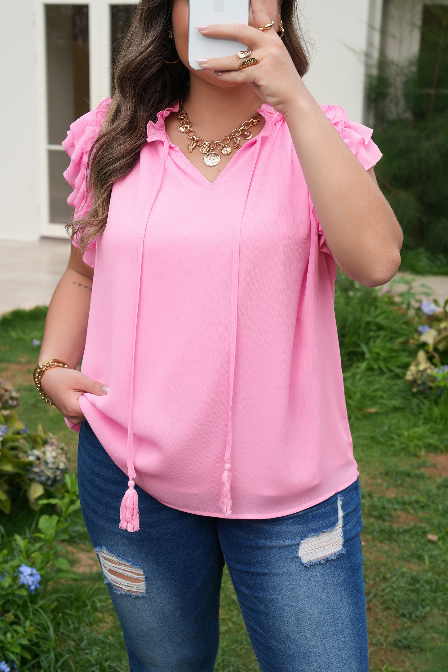 Bonbon Plus Size Textured Tassel Tie V Neck Ruffle Short Sleeve Blouse-Plus Size/Plus Size Tops/Plus Size Blouses & Shirts-[Adult]-[Female]-2022 Online Blue Zone Planet