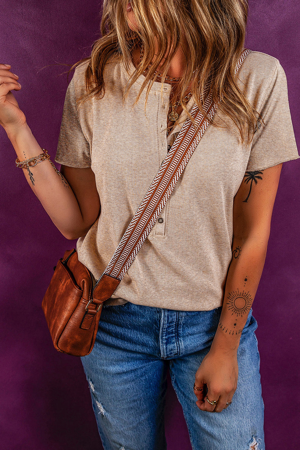 Oatmeal Short Sleeve Half Button Ribbed Knit Top-Tops/Tops & Tees-[Adult]-[Female]-2022 Online Blue Zone Planet
