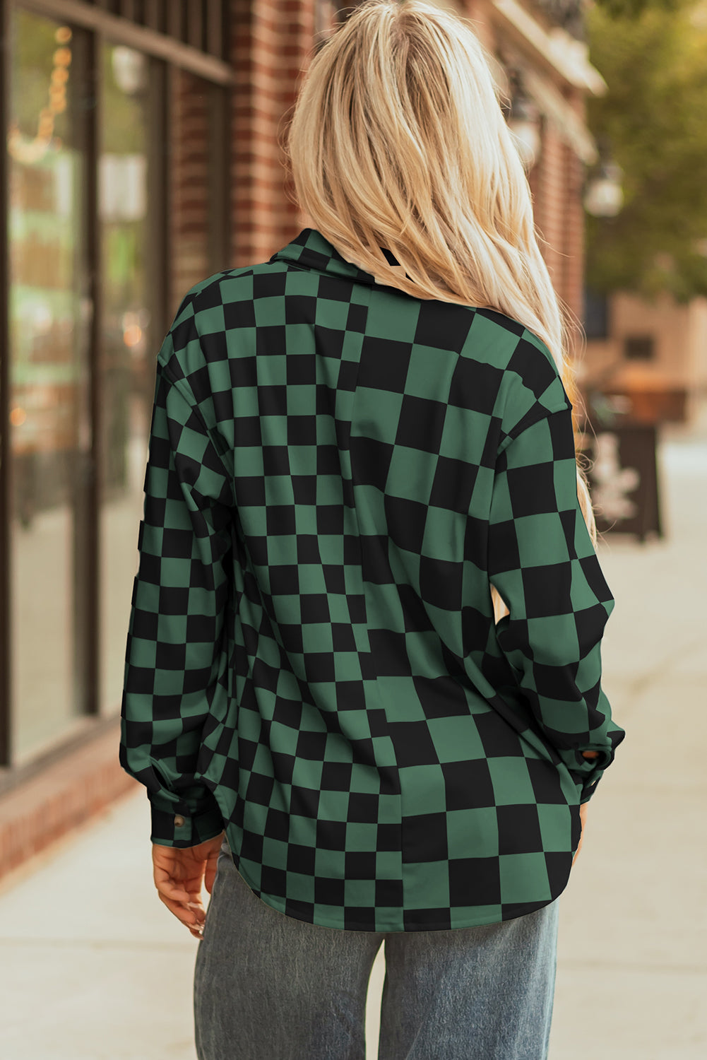 Green Checkerboard Flap Pocket Button Front Shacket-Outerwear/Plaid Shackets-[Adult]-[Female]-2022 Online Blue Zone Planet