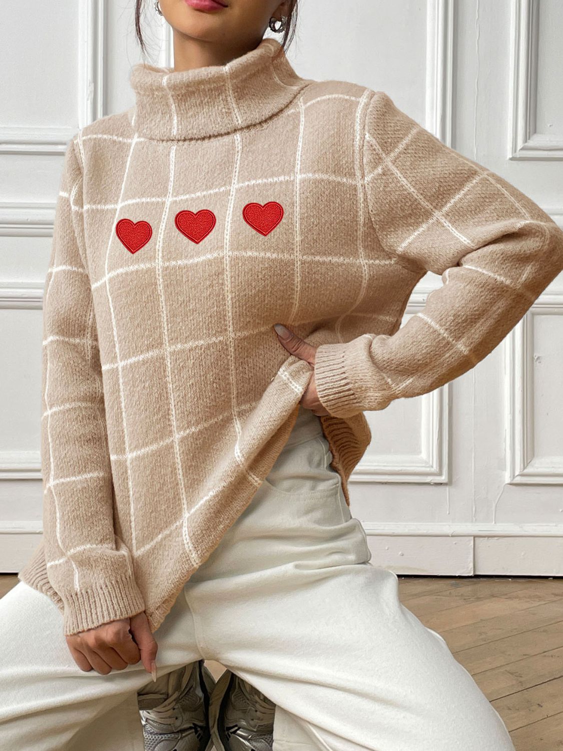 Heart Plaid Turtleneck Long Sleeve Sweater-TOPS / DRESSES-[Adult]-[Female]-2022 Online Blue Zone Planet