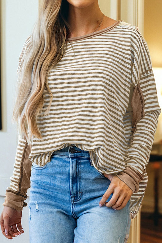 Khaki Stripe Thermal Knit Drop Shoulder Casual Top-Tops/Long Sleeve Tops-[Adult]-[Female]-Khaki Stripe-S-2022 Online Blue Zone Planet