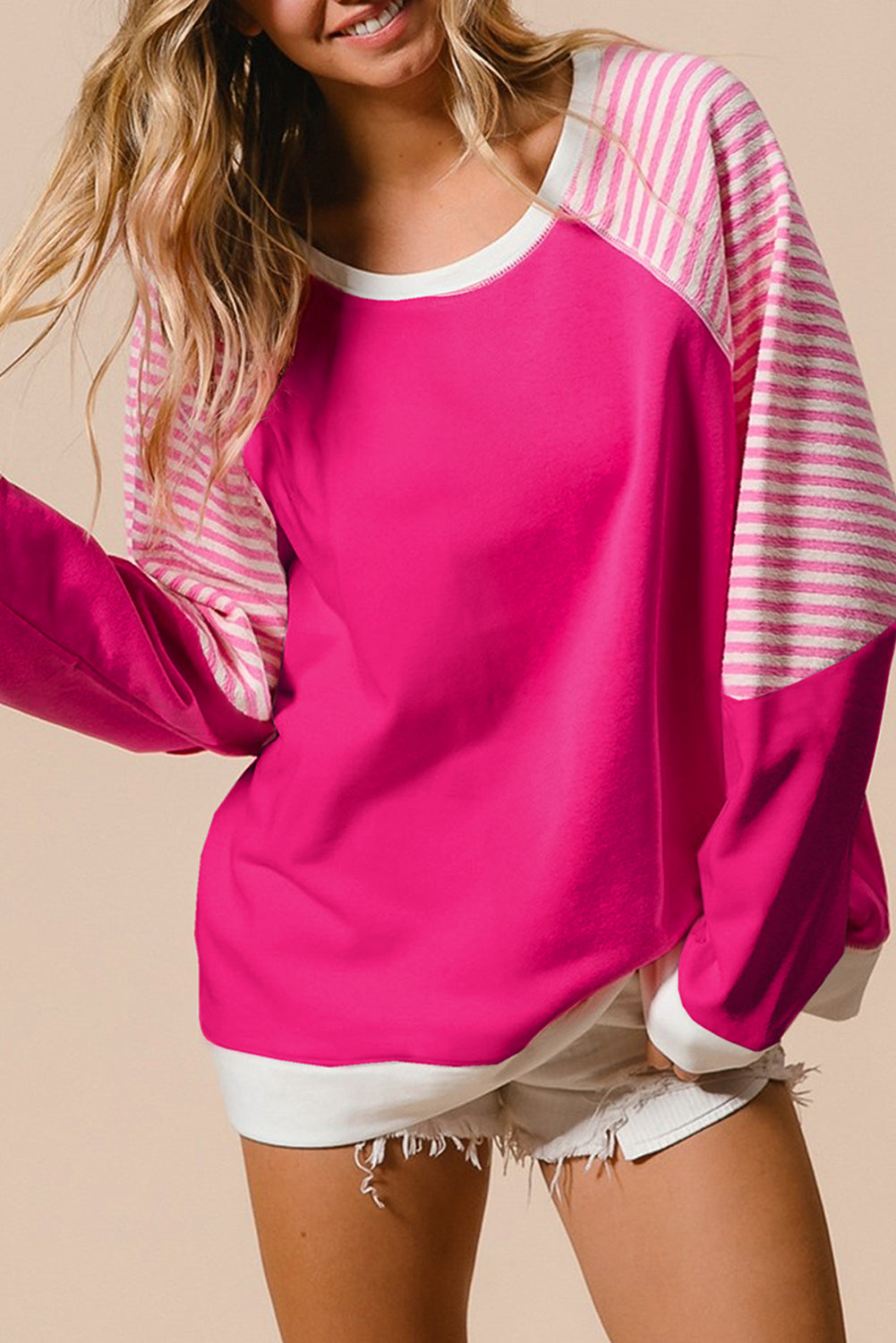 Striped Round Neck Long Sleeve Sweatshirt-TOPS / DRESSES-[Adult]-[Female]-Hot Pink-S-2022 Online Blue Zone Planet