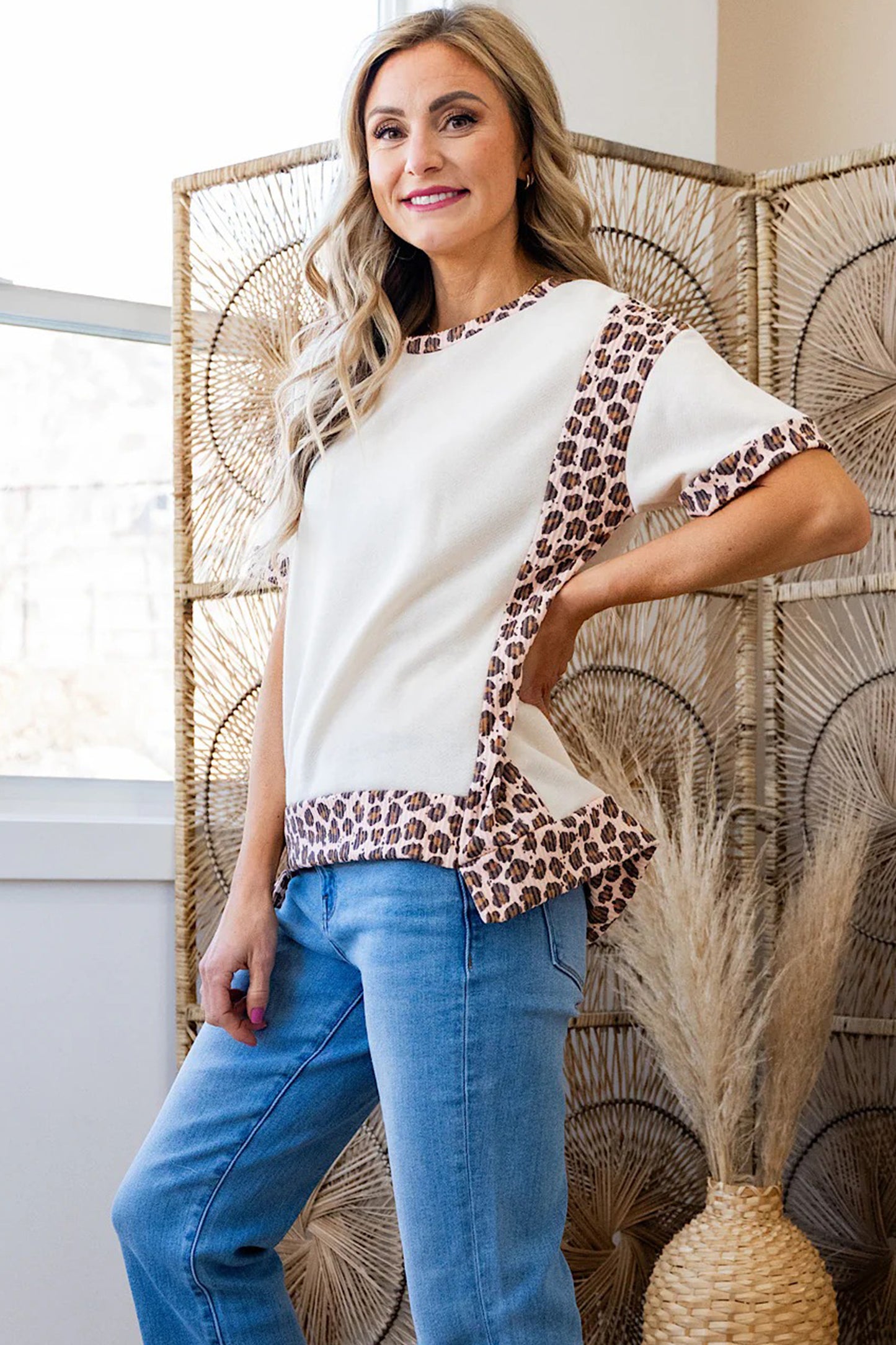White Ribbed Leopard Patchwork Uneven Hem T Shirt-Tops/Tops & Tees-[Adult]-[Female]-2022 Online Blue Zone Planet