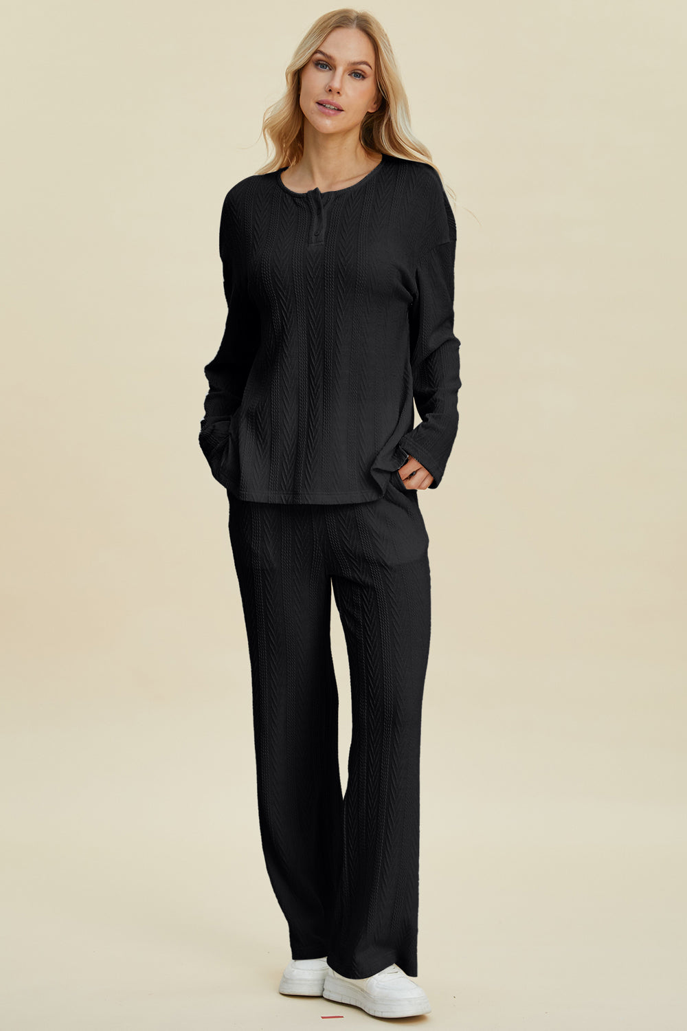 Double Take Full Size Cable-Knit Long Sleeve Top and Pants Set-TOPS / DRESSES-[Adult]-[Female]-Black-S-2022 Online Blue Zone Planet