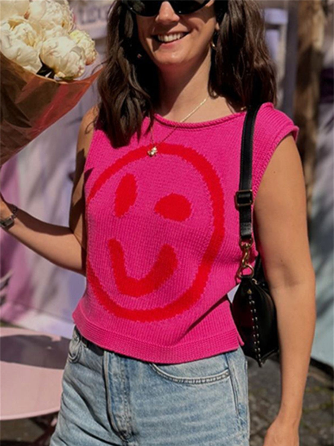 Smiley Round Neck Sweater Vest-TOPS / DRESSES-[Adult]-[Female]-Deep Rose-S-2022 Online Blue Zone Planet