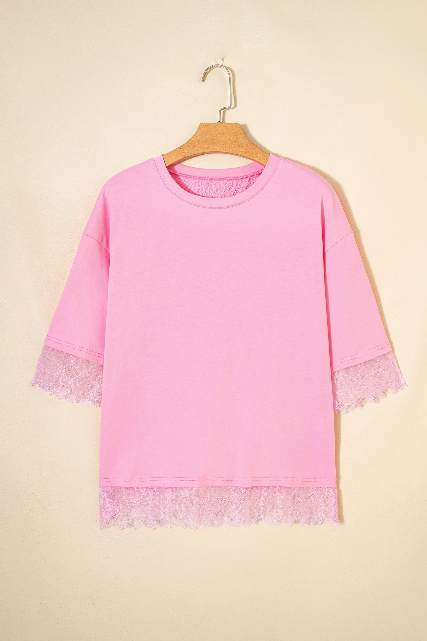 Pink Eyelash Floral Lace Patchwork Half Sleeve Oversize Tee-Tops/Tops & Tees-[Adult]-[Female]-2022 Online Blue Zone Planet