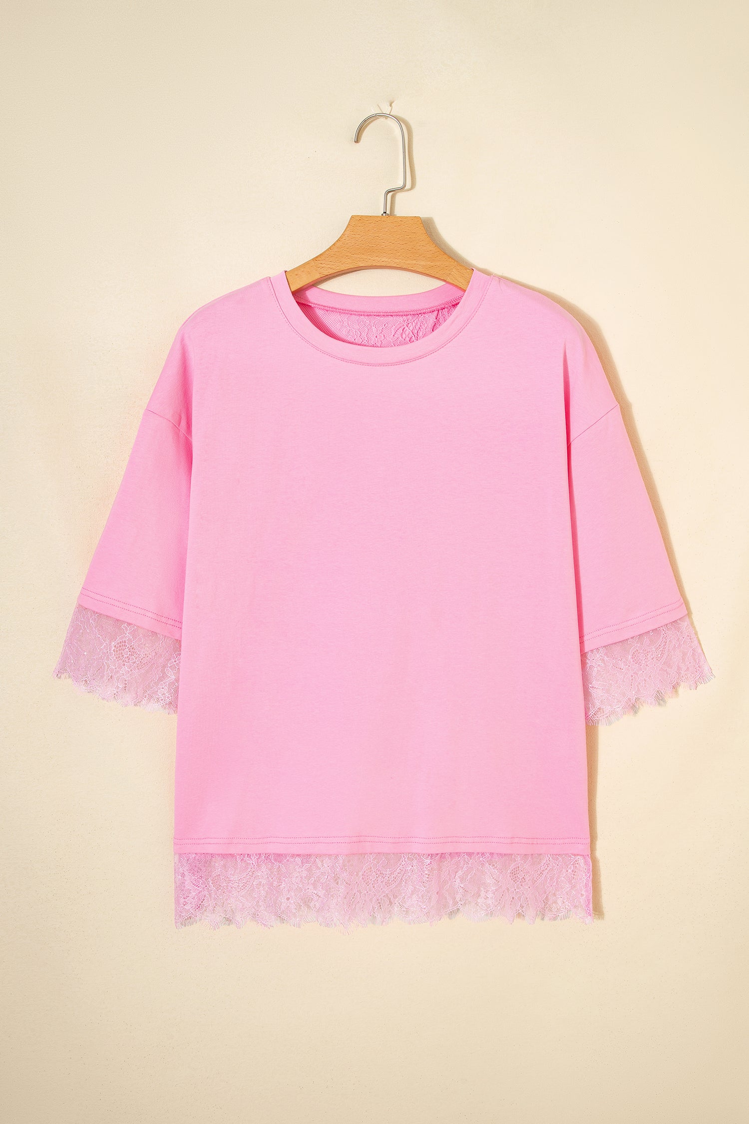 Pink Eyelash Floral Lace Patchwork Half Sleeve Oversize Tee-Tops/Tops & Tees-[Adult]-[Female]-2022 Online Blue Zone Planet