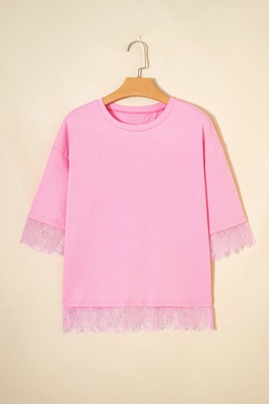 Pink Eyelash Floral Lace Patchwork Half Sleeve Oversize Tee-Tops/Tops & Tees-[Adult]-[Female]-2022 Online Blue Zone Planet