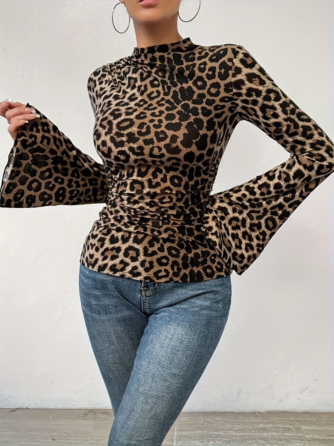 Leopard Mock Neck Flare Sleeve Top-TOPS / DRESSES-[Adult]-[Female]-2022 Online Blue Zone Planet