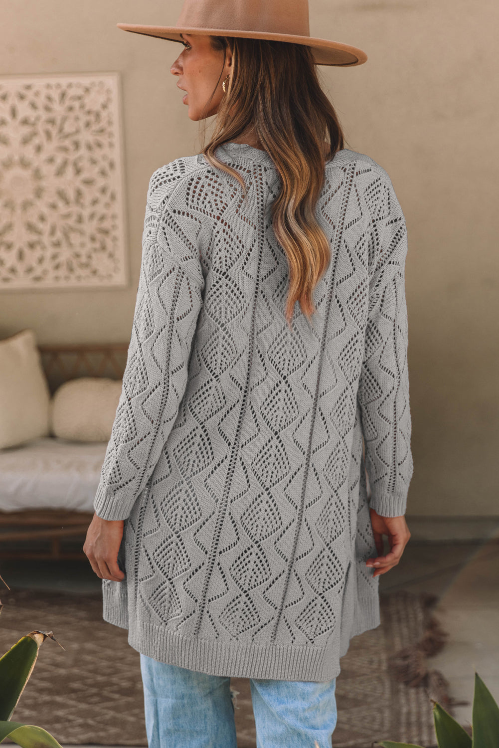 Gray Hollow-out Openwork Knit Cardigan-Sweaters & Cardigans/Cardigans-[Adult]-[Female]-2022 Online Blue Zone Planet