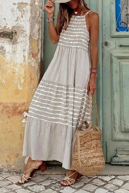 Grey Tie Dye Spaghetti Strap Summer Maxi Dress-Maxi Dresses-[Adult]-[Female]-Gray-S-2022 Online Blue Zone Planet