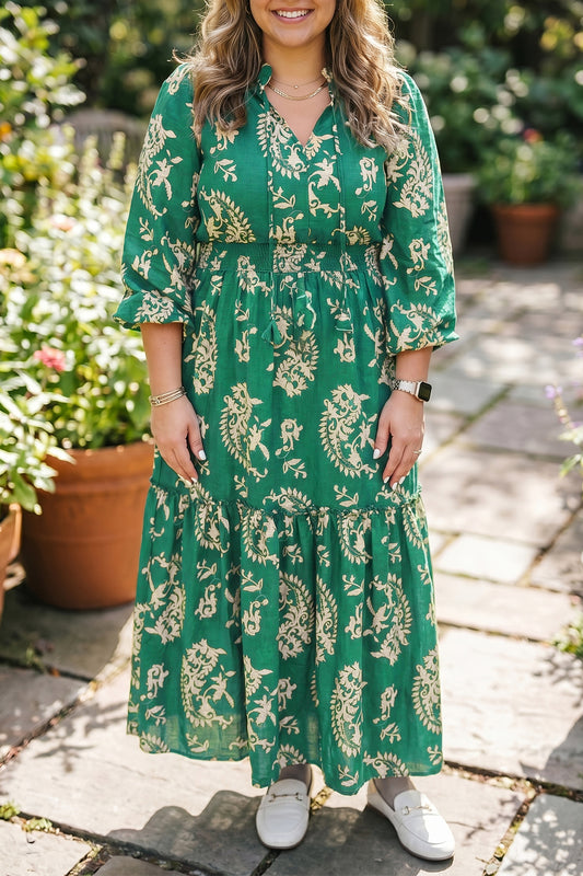 Green Floral Print V Neck Shift Dress Plus Size Dress-Plus Size/Plus Size Dresses/Plus Size Maxi Dresses-[Adult]-[Female]-Green-1X-2022 Online Blue Zone Planet