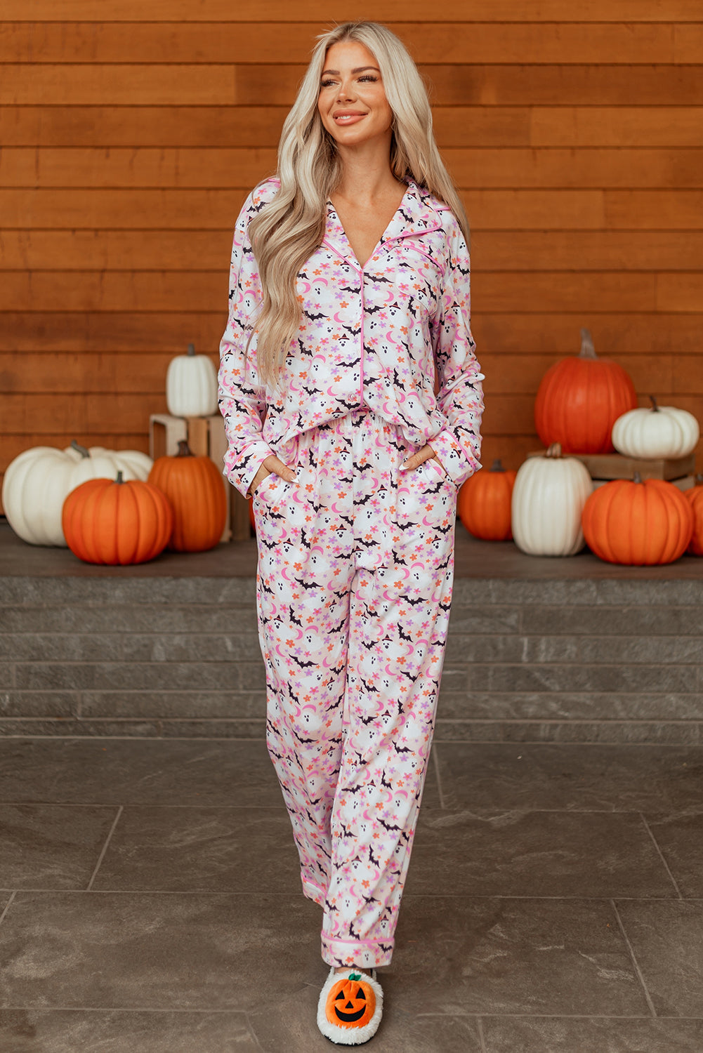 Pink Halloween Eve Haunted Honey Bat Print Pajama Set-Loungewear & Sleepwear/Sleepwear-[Adult]-[Female]-2022 Online Blue Zone Planet