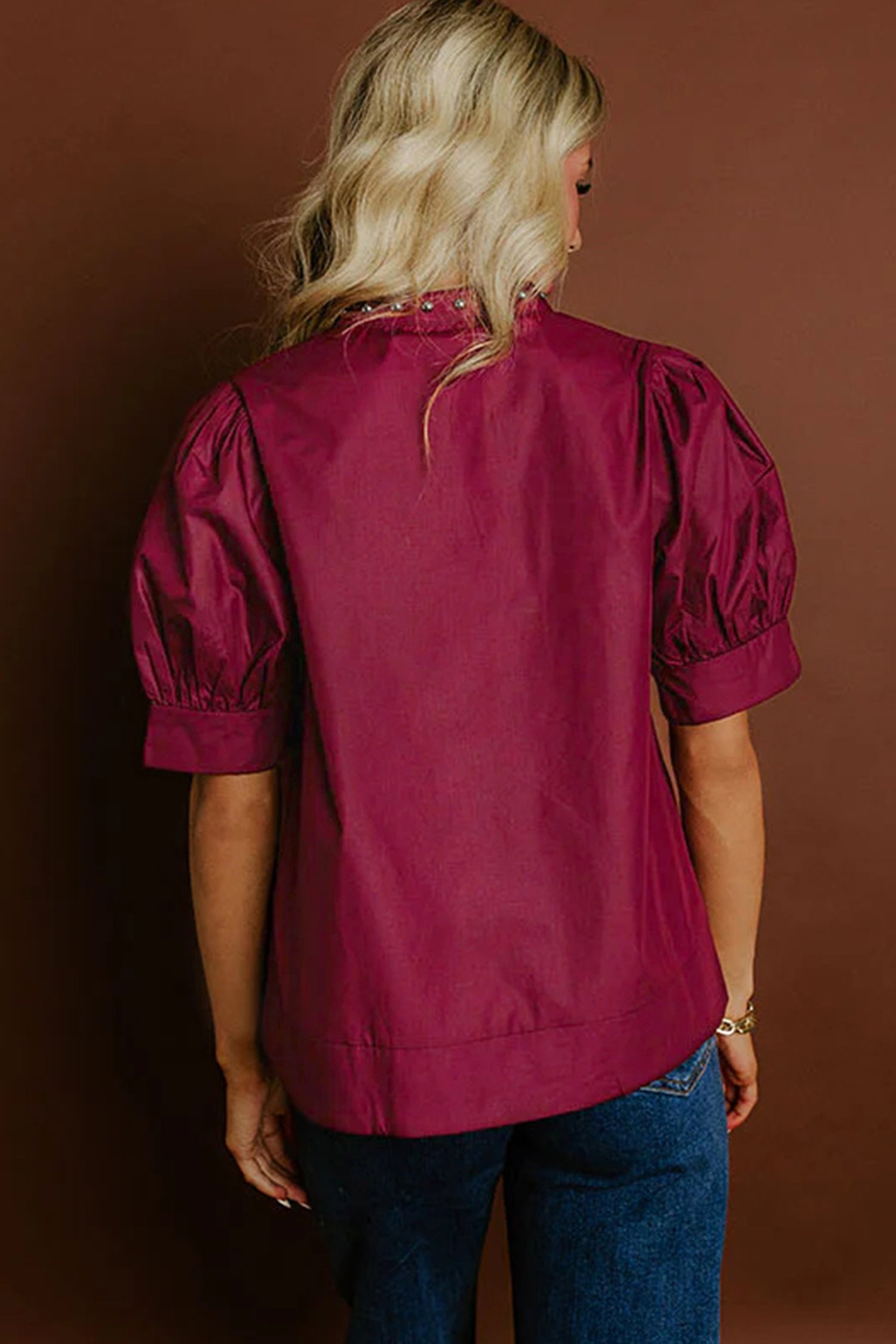 Burgundy Rivet Embellished V Neck Short Puff Sleeve Blouse-Tops/Blouses & Shirts-[Adult]-[Female]-2022 Online Blue Zone Planet