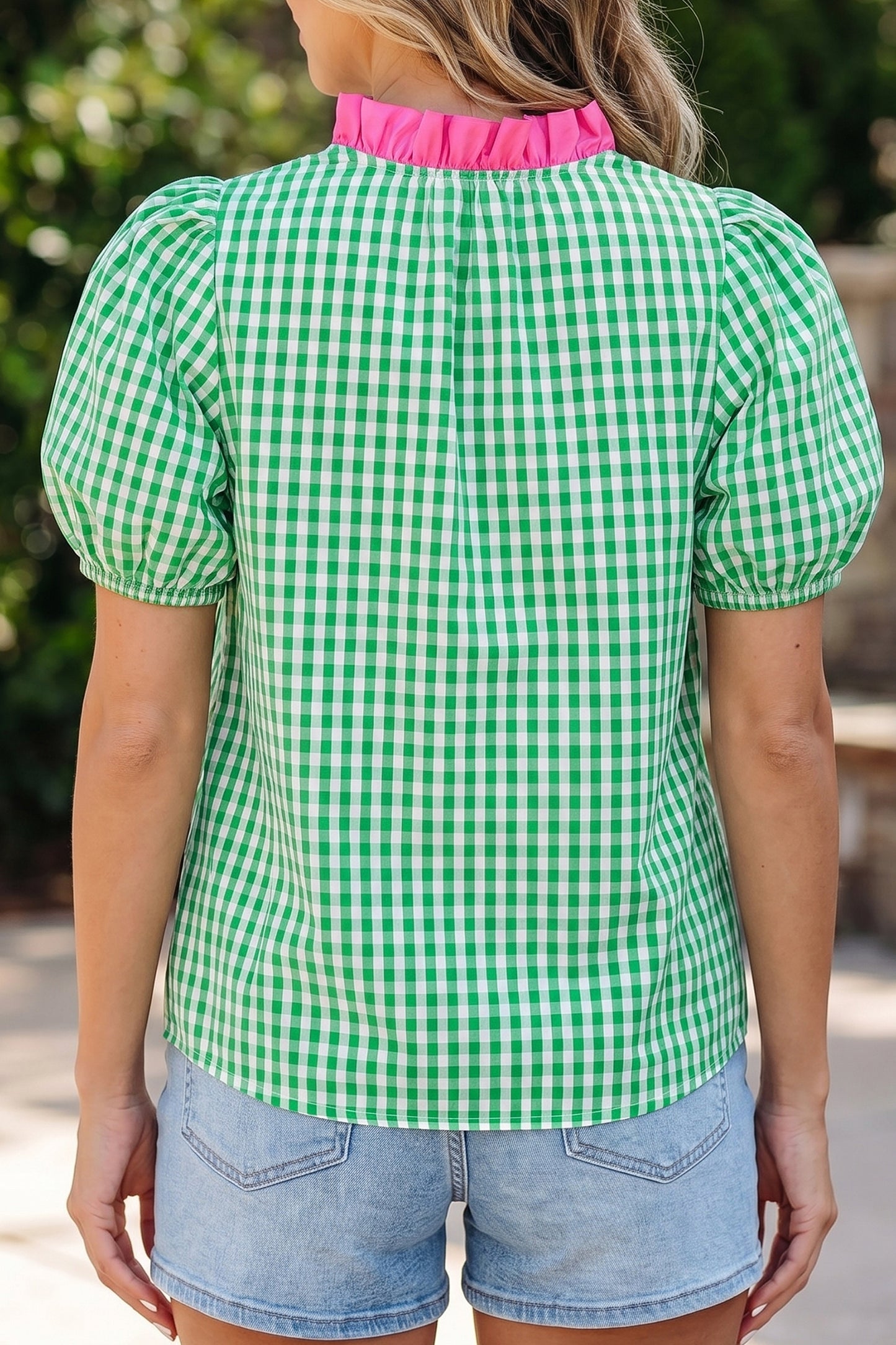 Green Gingham Plaid Bubble Sleeve Colorblock Trim V Neck Blouse-Tops/Blouses & Shirts-[Adult]-[Female]-2022 Online Blue Zone Planet