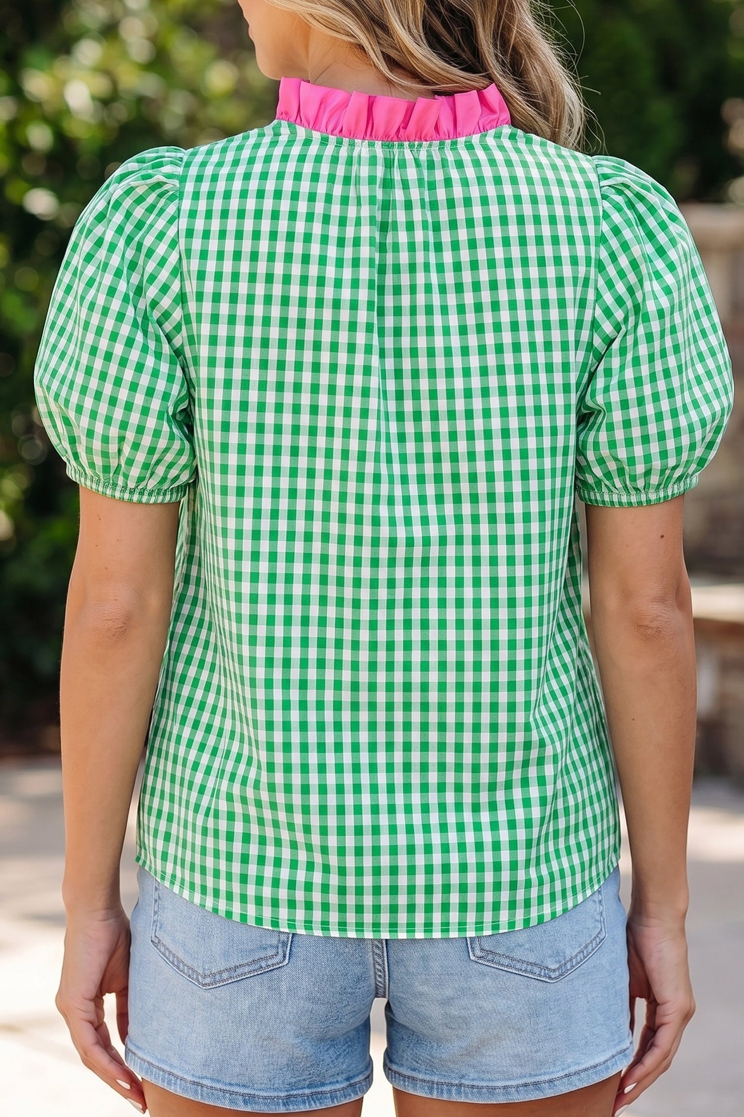 Green Gingham Plaid Bubble Sleeve Colorblock Trim V Neck Blouse-Tops/Blouses & Shirts-[Adult]-[Female]-2022 Online Blue Zone Planet