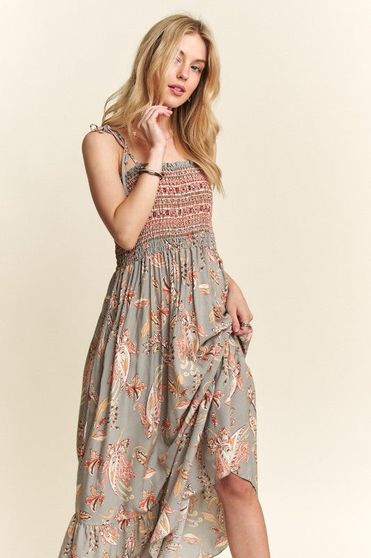ADORA Smocked Printed Square Neck Tie Shoulder Cami Dress-TOPS / DRESSES-[Adult]-[Female]-2022 Online Blue Zone Planet