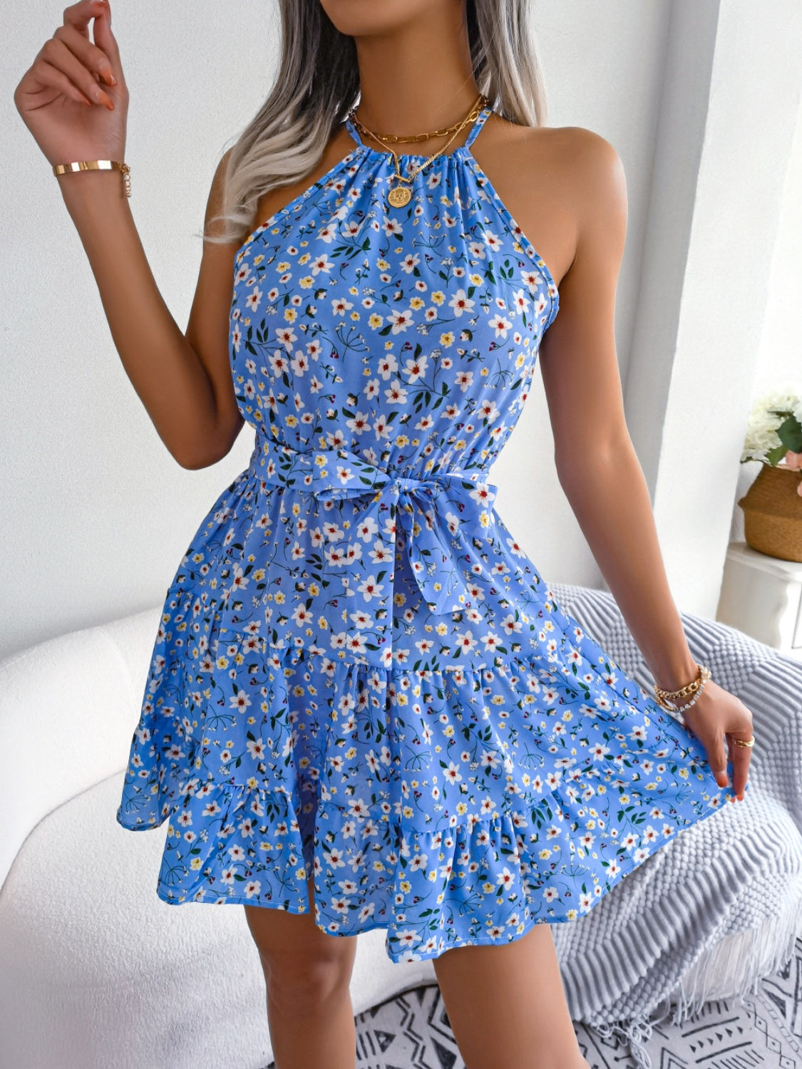 Tied Printed Grecian Neck Mini Dress-TOPS / DRESSES-[Adult]-[Female]-2022 Online Blue Zone Planet