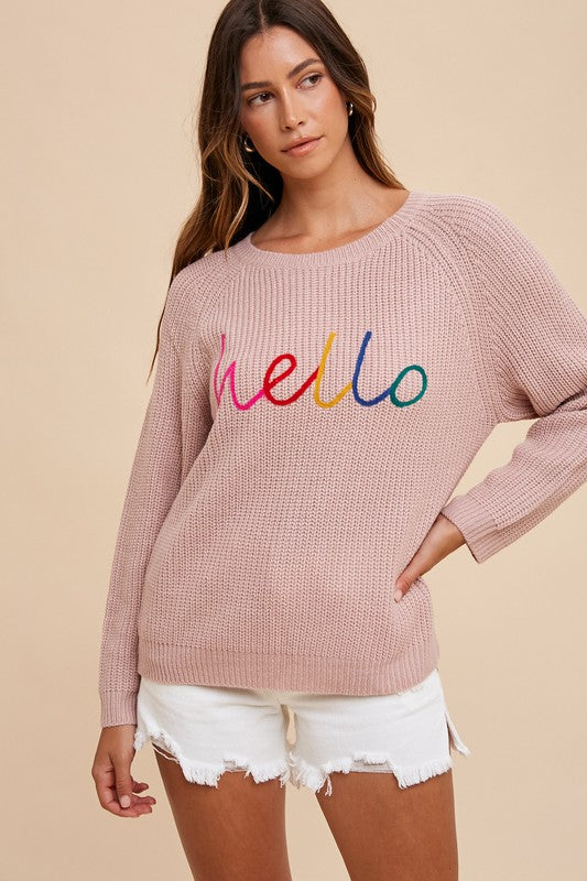 Annie Wear HELLO Embroidered Raglan Sleeve Sweater-TOPS / DRESSES-[Adult]-[Female]-2022 Online Blue Zone Planet