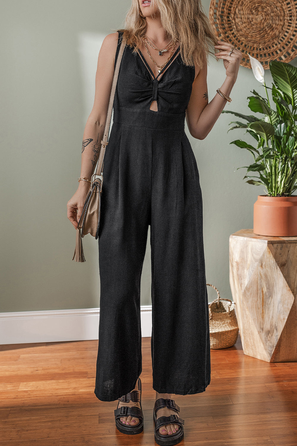 Black Front Cut Out Smocked Back Sleeveless Wide Leg Jumpsuit-Bottoms/Jumpsuits & Rompers-[Adult]-[Female]-2022 Online Blue Zone Planet