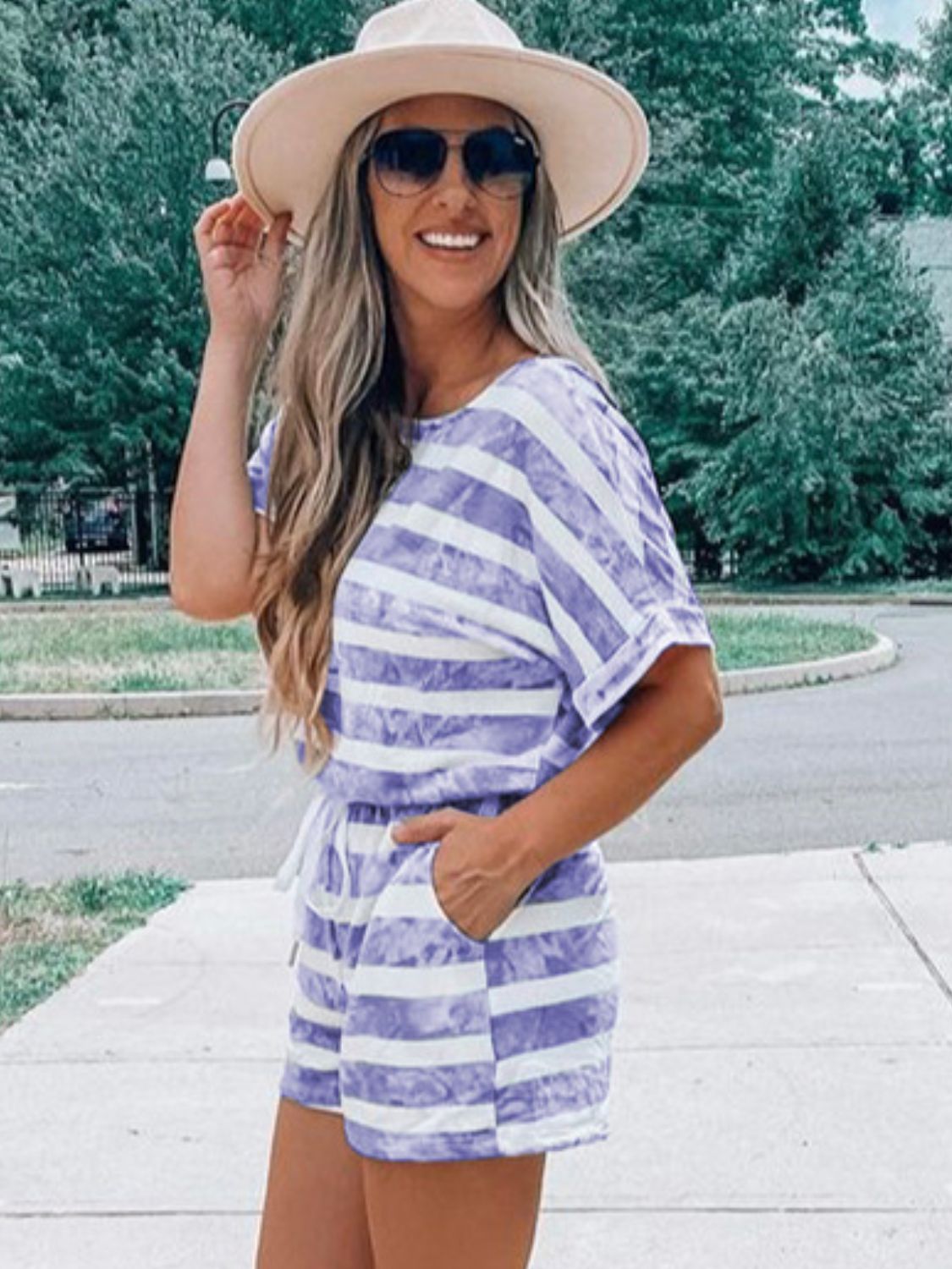 Blue Zone Planet | Striped Round Neck Top and Shorts Set-TOPS / DRESSES-[Adult]-[Female]-2022 Online Blue Zone Planet