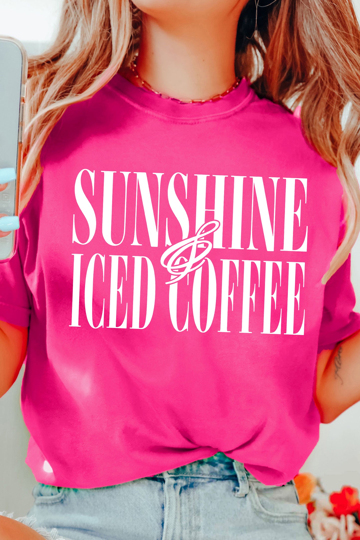 Rose Red Sunshine Iced Coffee Casual Summer T Shirt-Graphic/Graphic Tees-[Adult]-[Female]-2022 Online Blue Zone Planet