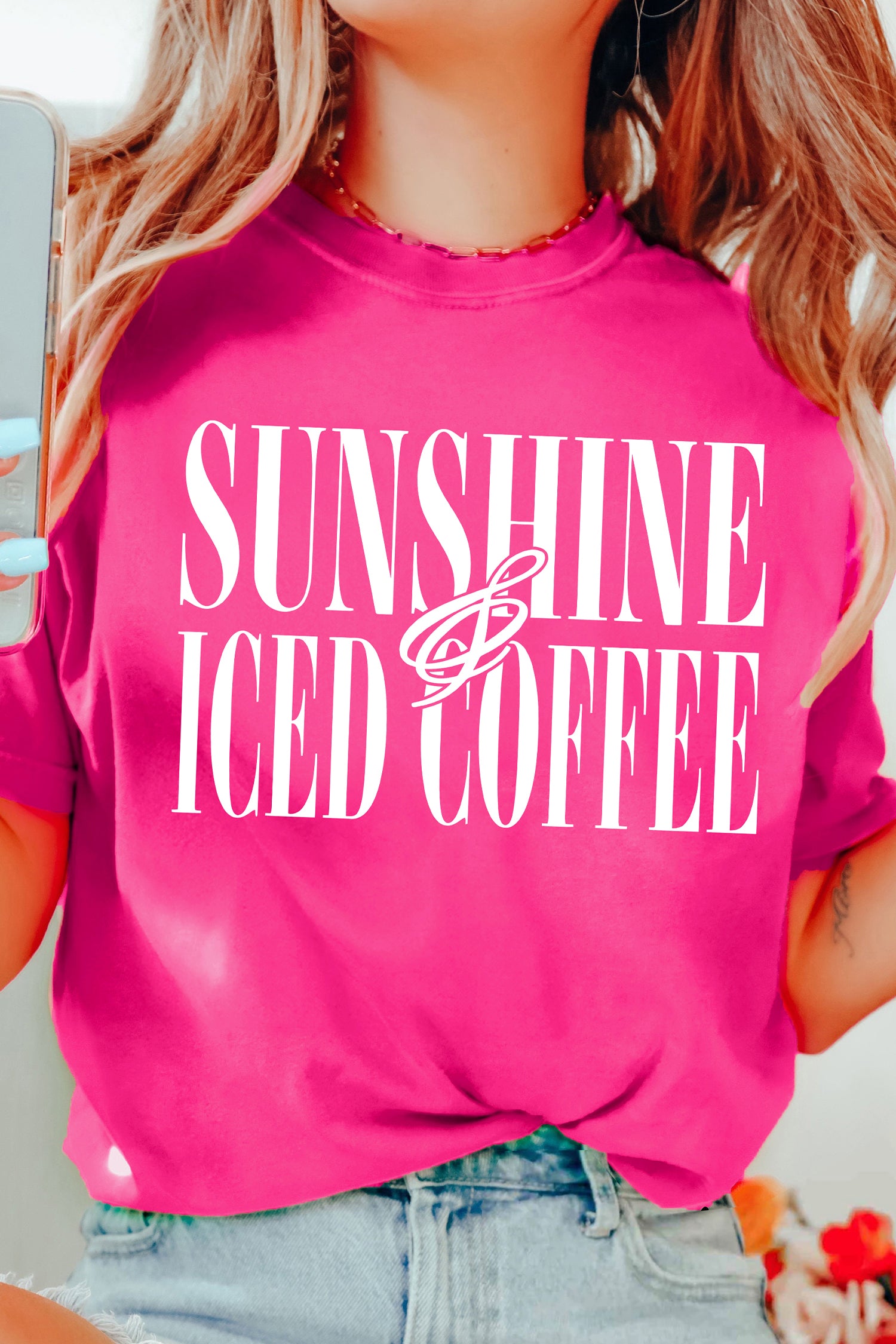 Rose Red Sunshine Iced Coffee Casual Summer T Shirt-Graphic/Graphic Tees-[Adult]-[Female]-2022 Online Blue Zone Planet