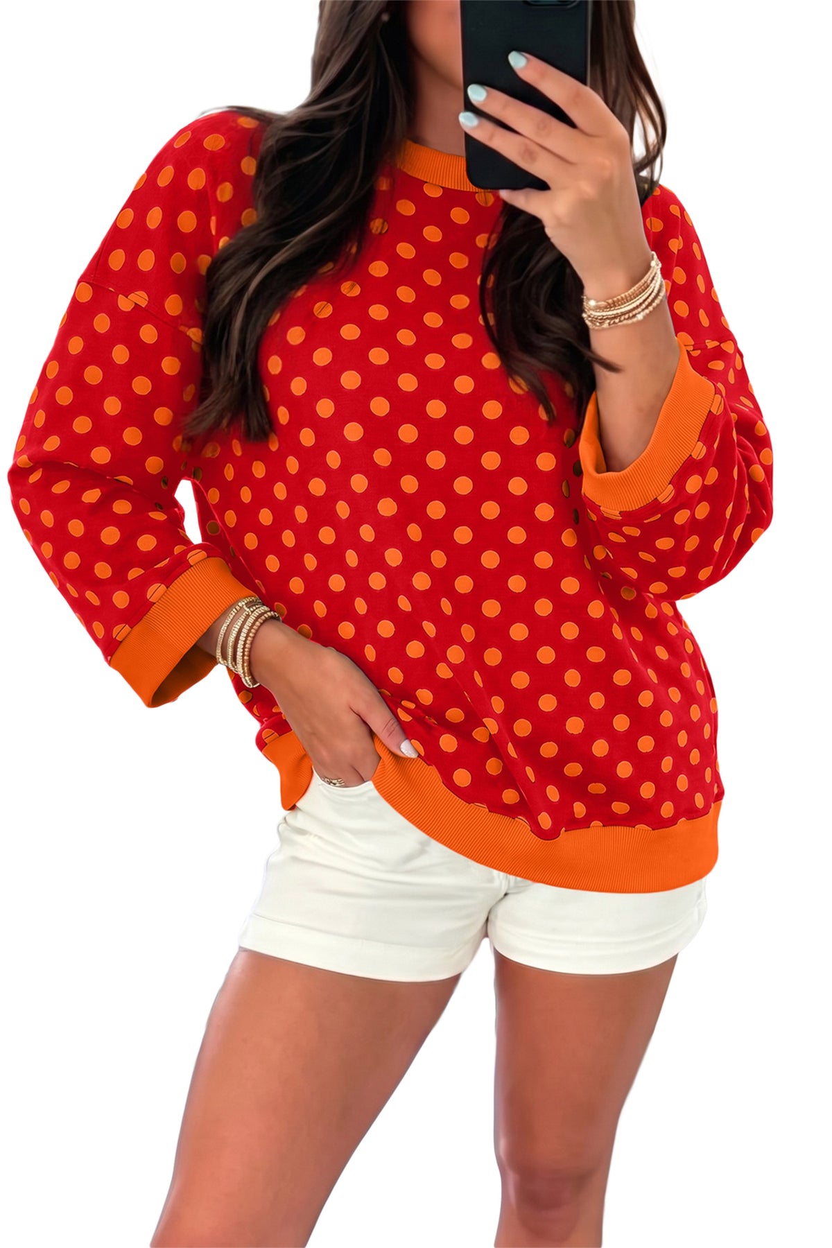 Blue Polka Dot Print Contrast Trim Round Neck Bracelet Sleeve Top-Bracelet-[Adult]-[Female]-2022 Online Blue Zone Planet
