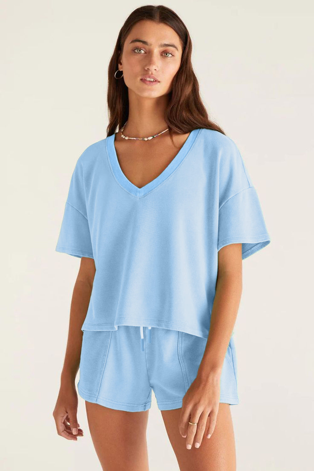 Myosotis V Neck Drop Shoulder Tee And Patchwork Drawstring Shorts Set-Two Piece Sets/Short Sets-[Adult]-[Female]-2022 Online Blue Zone Planet