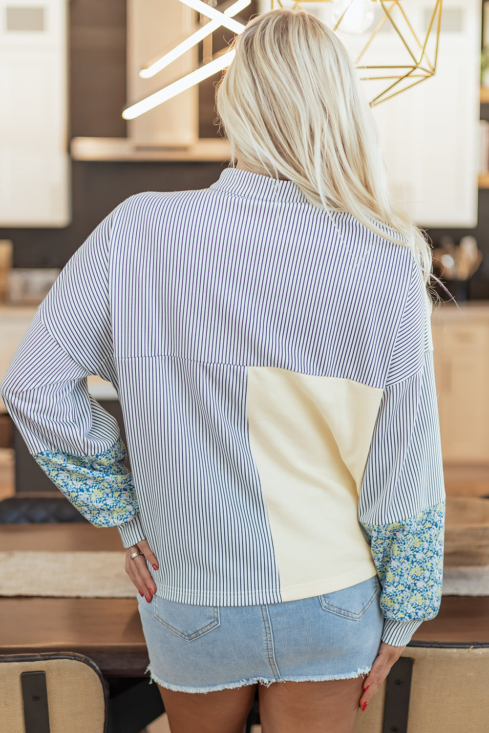 Beige Floral Striped Drop Sleeve Collared Boxy Fit Sweatshirt-Tops/Sweatshirts & Hoodies-[Adult]-[Female]-2022 Online Blue Zone Planet