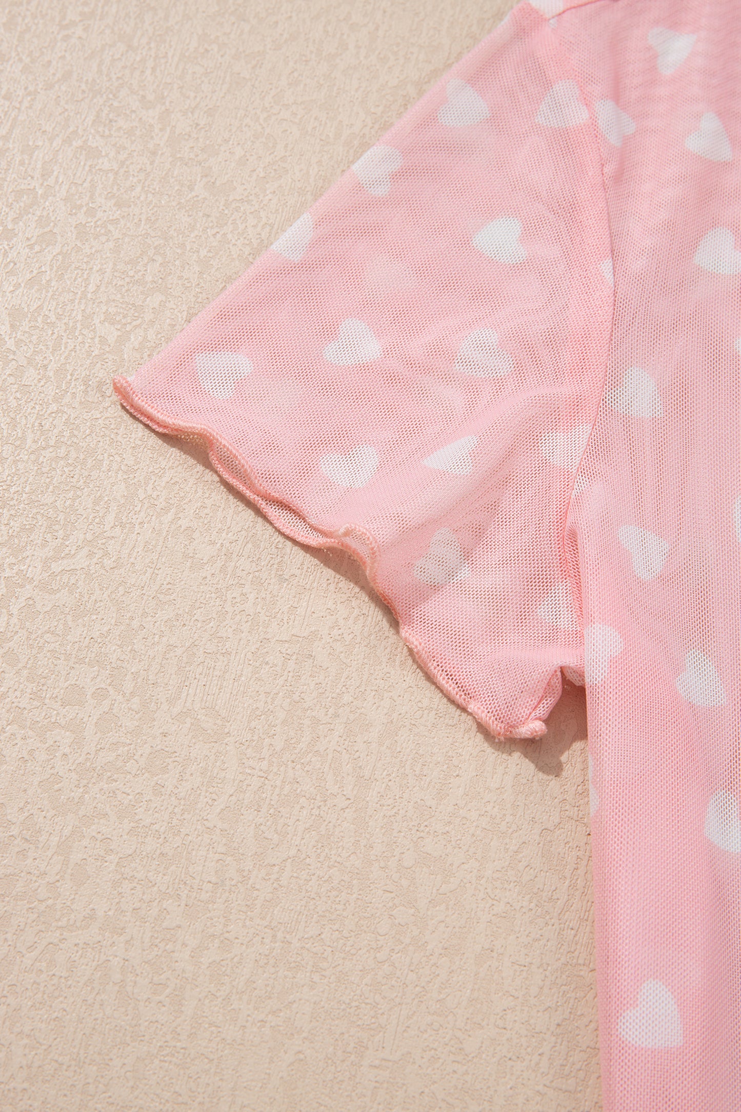 Pink Allover Heart Print Mesh Short Sleeve Top-Tops/Tops & Tees-[Adult]-[Female]-2022 Online Blue Zone Planet