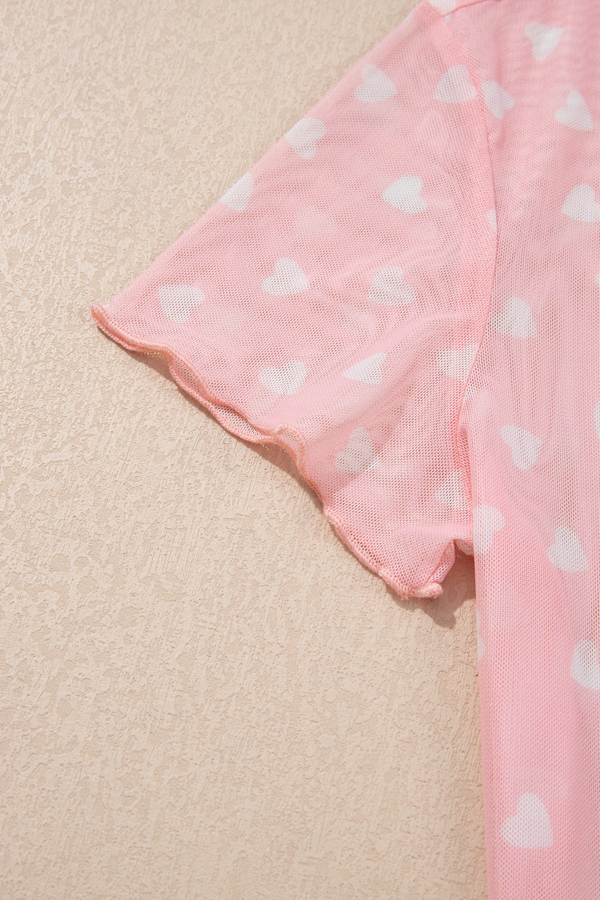 Pink Allover Heart Print Mesh Short Sleeve Top-Tops/Tops & Tees-[Adult]-[Female]-2022 Online Blue Zone Planet