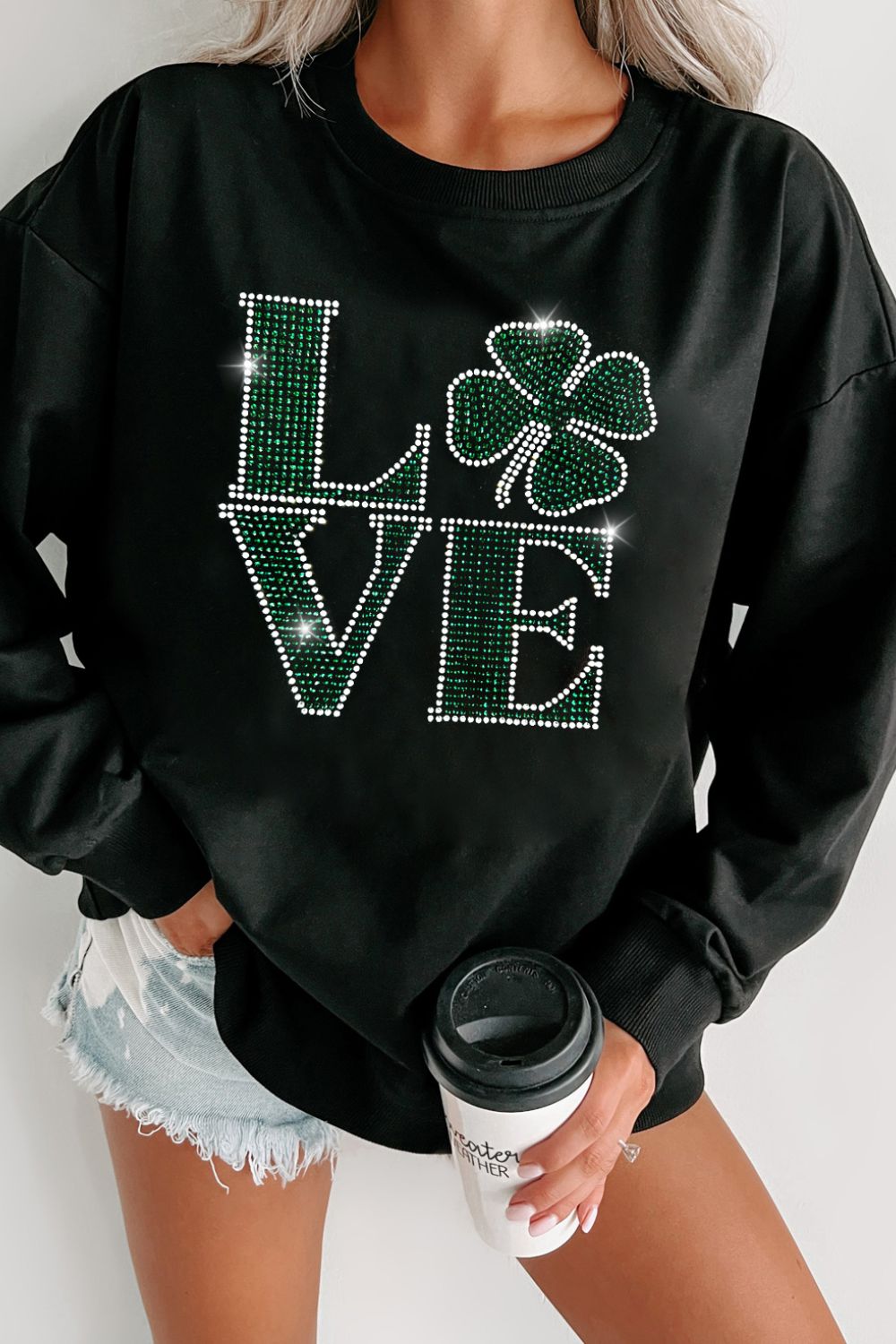 LOVE Rhinestone Clover Round Neck Sweatshirt-TOPS / DRESSES-[Adult]-[Female]-Black-S-2022 Online Blue Zone Planet