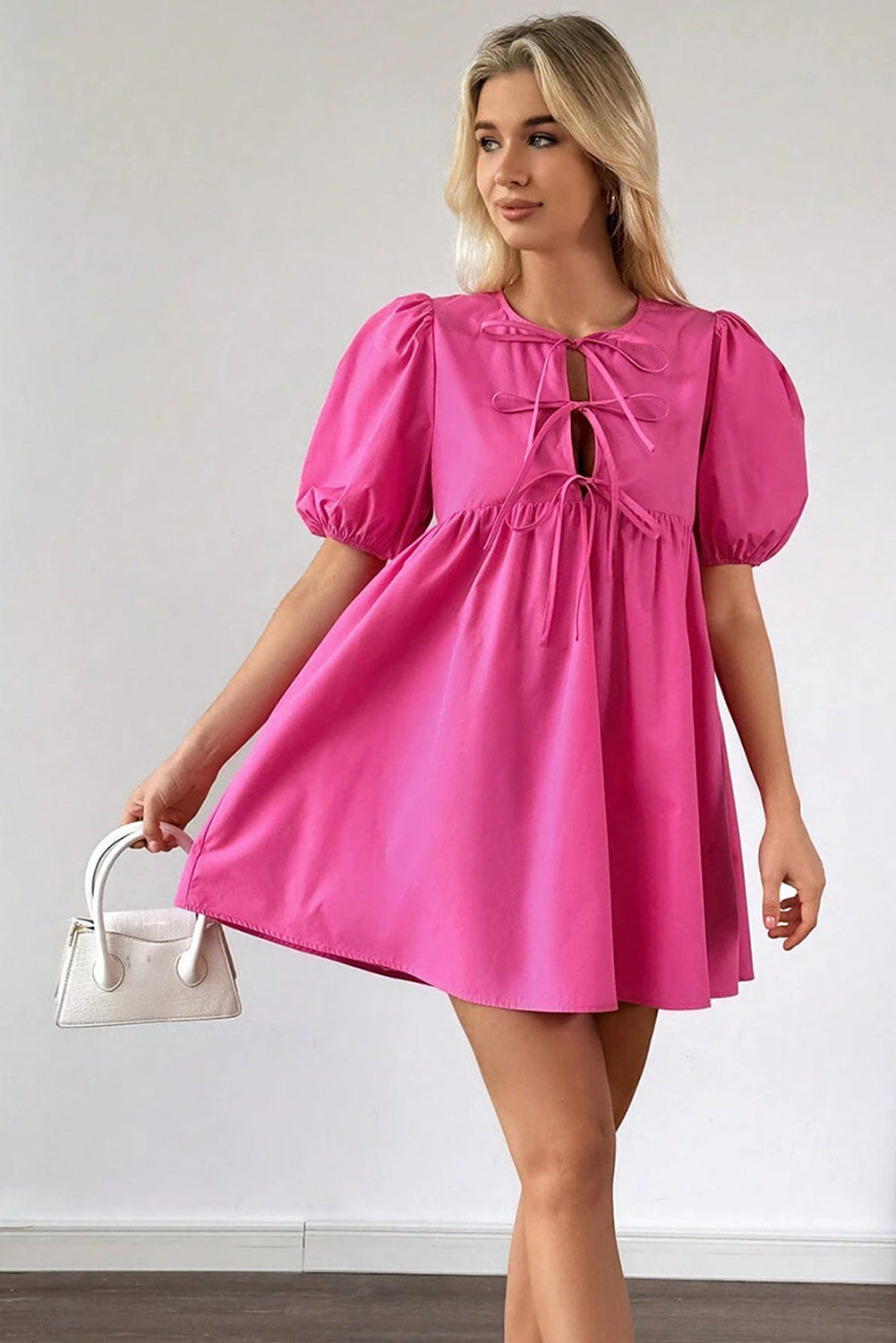 Bright Pink Tie Front Puff Sleeve Mini Dress-Short Dresses-[Adult]-[Female]-2022 Online Blue Zone Planet